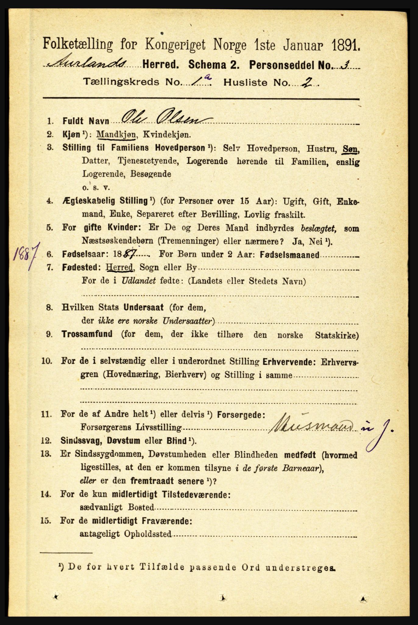 RA, 1891 census for 1421 Aurland, 1891, p. 40