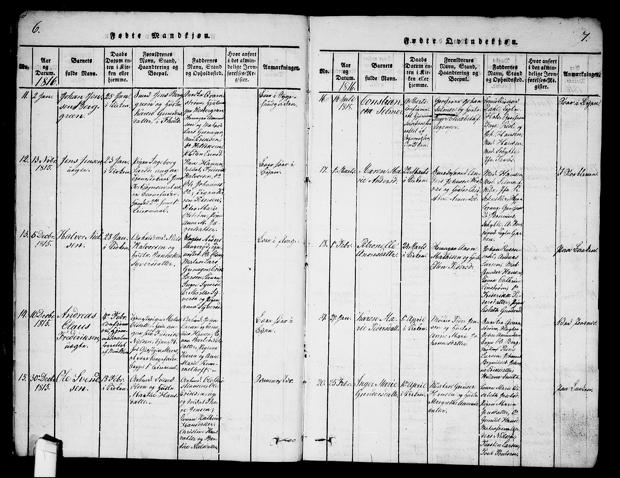 Halden prestekontor Kirkebøker, AV/SAO-A-10909/G/Ga/L0001: Parish register (copy) no. 1, 1815-1833, p. 6-7