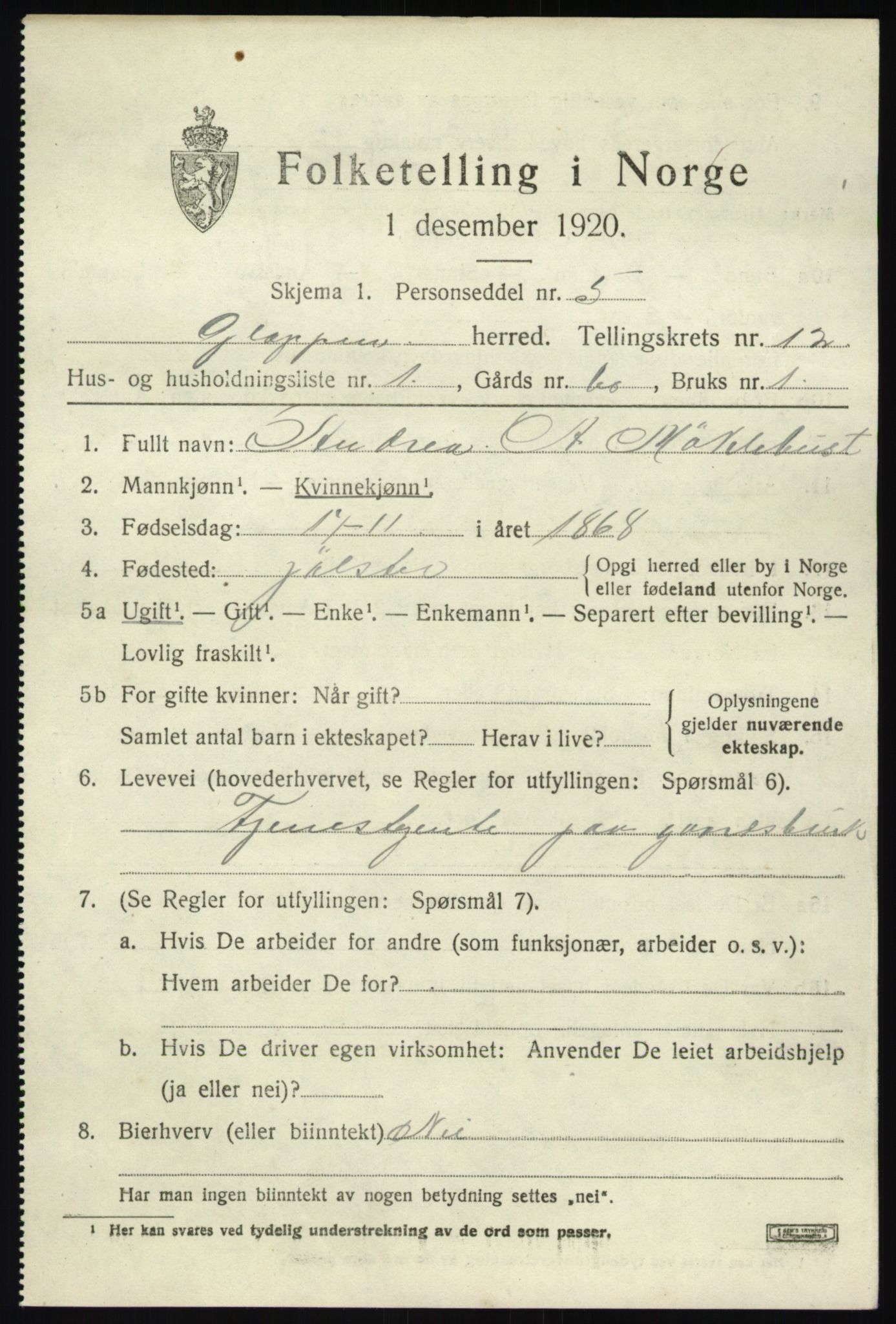 SAB, 1920 census for Gloppen, 1920, p. 6076