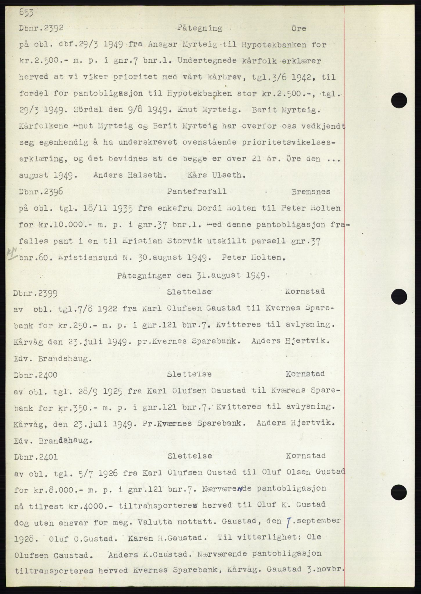 Nordmøre sorenskriveri, SAT/A-4132/1/2/2Ca: Mortgage book no. C82b, 1946-1951, Diary no: : 2392/1949