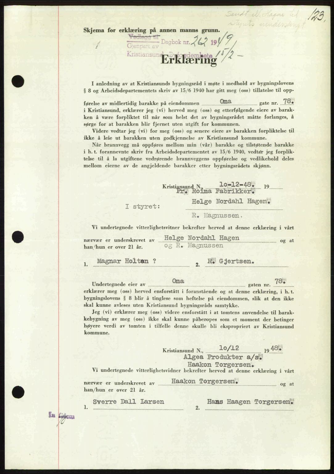 Kristiansund byfogd, AV/SAT-A-4587/A/27: Mortgage book no. 45, 1948-1949, Diary no: : 262/1949