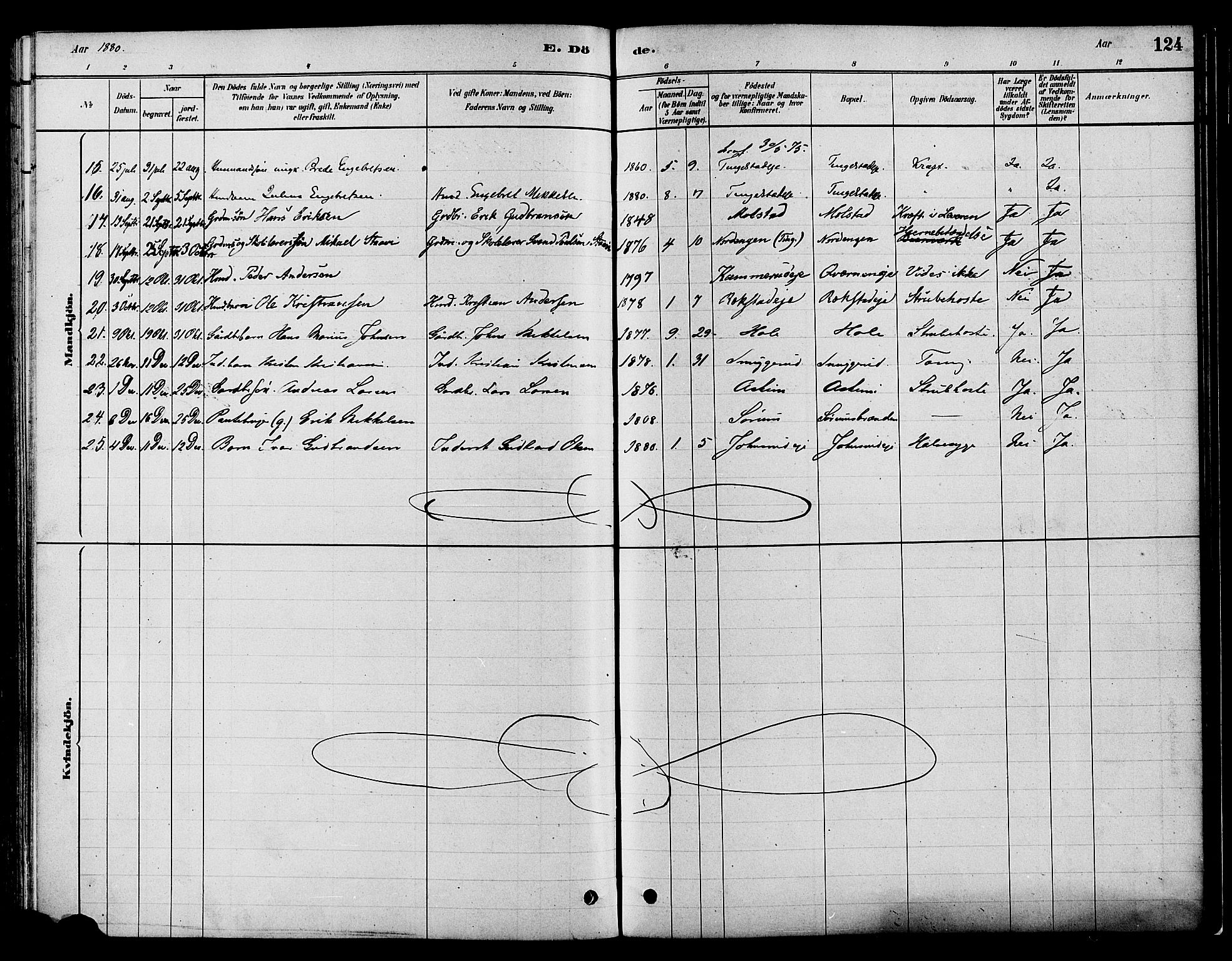 Gran prestekontor, SAH/PREST-112/H/Ha/Haa/L0016: Parish register (official) no. 16, 1880-1888, p. 124