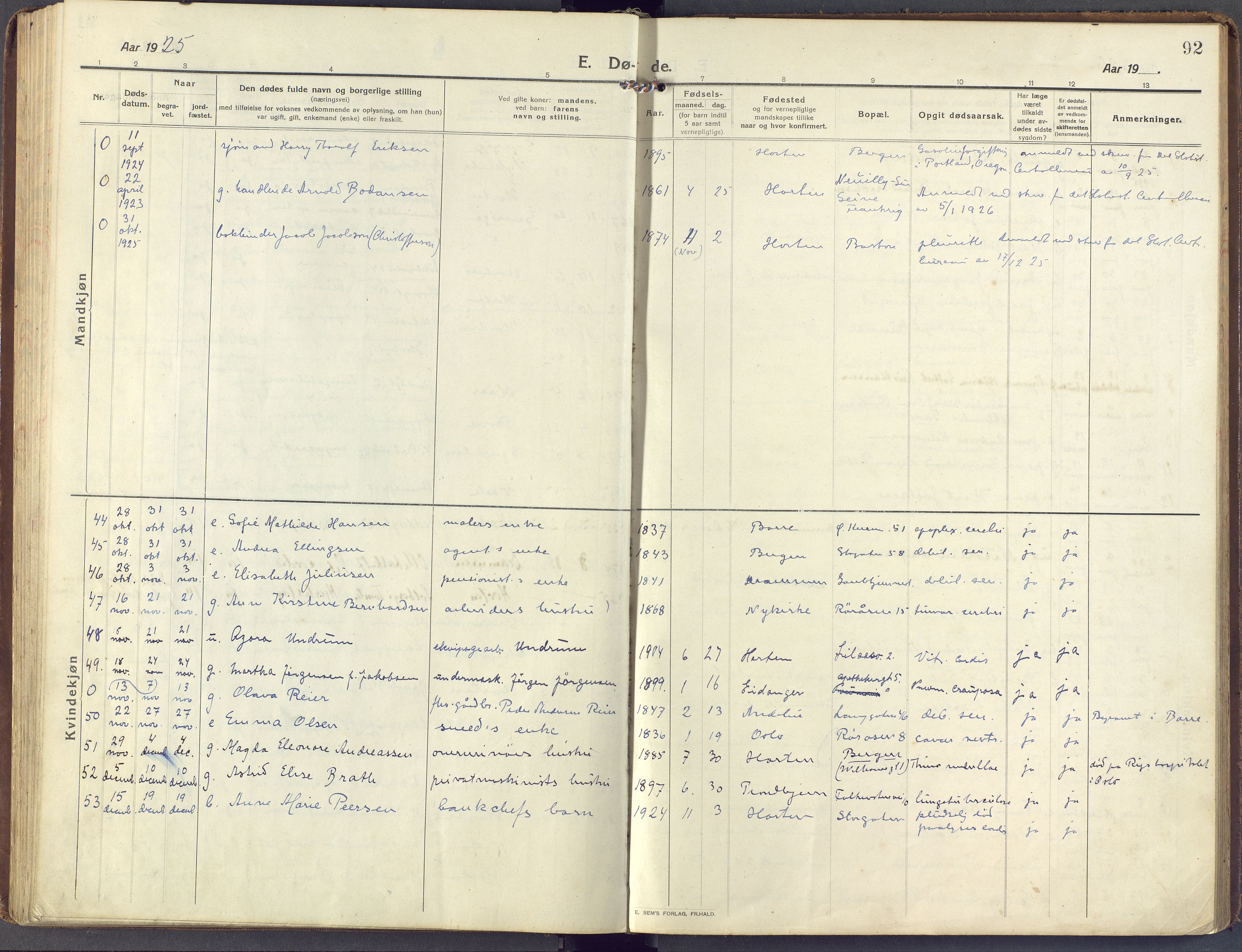 Horten kirkebøker, AV/SAKO-A-348/F/Fa/L0007: Parish register (official) no. 7, 1913-1926, p. 92