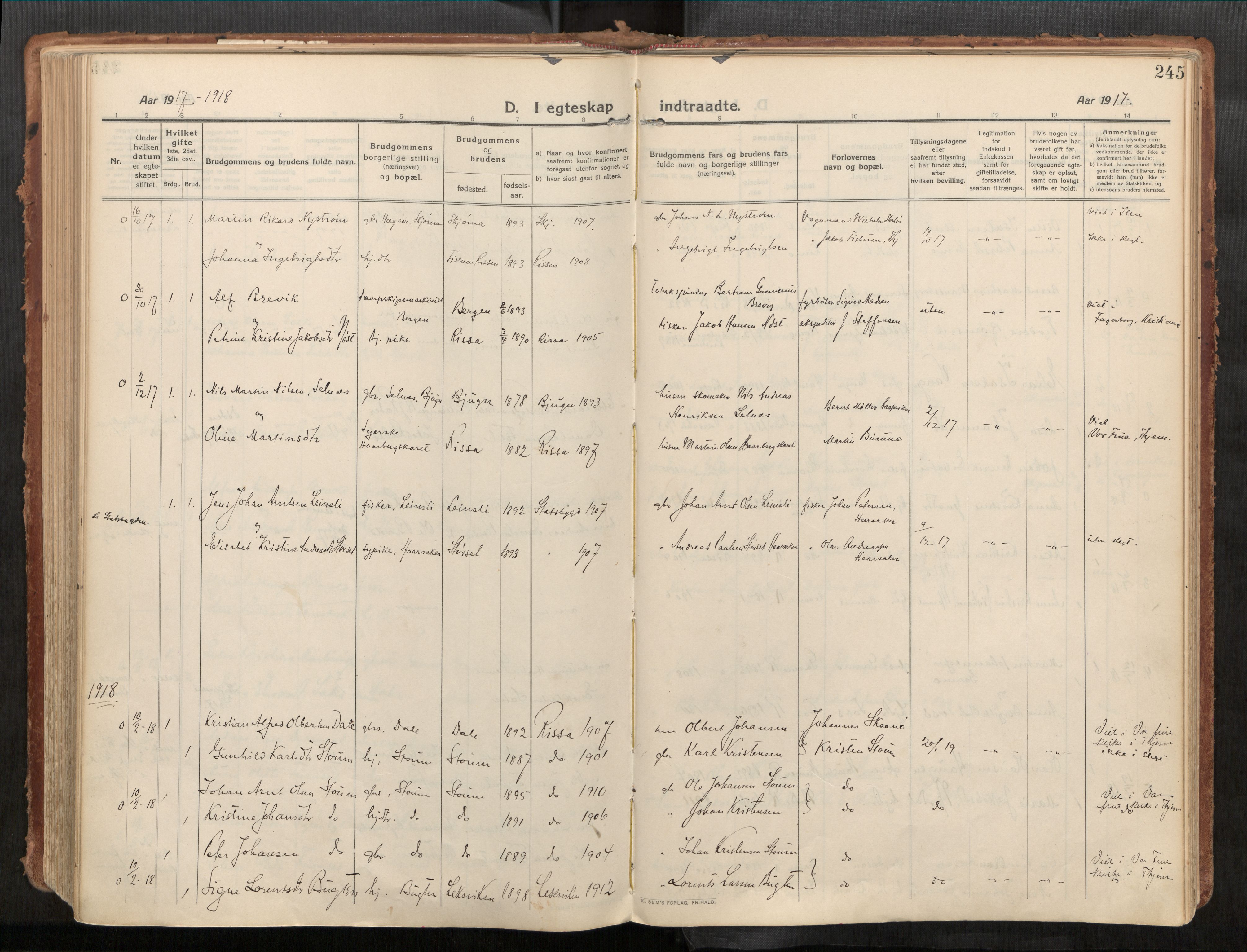 Stadsbygd sokneprestkontor, SAT/A-1117/1/I/I1/I1a/L0001: Parish register (official) no. 1, 1911-1929, p. 245