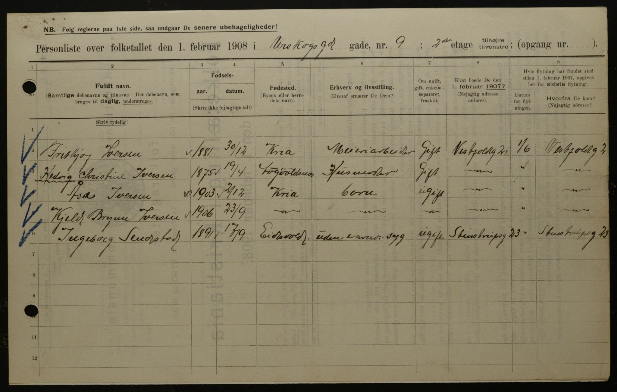 OBA, Municipal Census 1908 for Kristiania, 1908, p. 2673