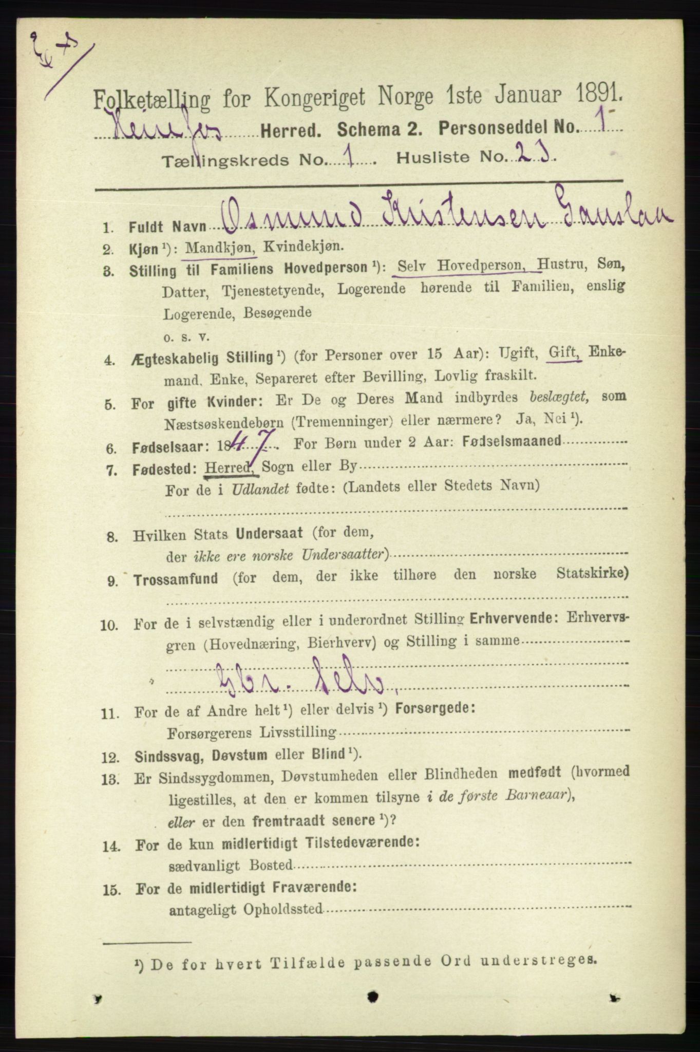 RA, Census 1891 for Nedenes amt: Gjenparter av personsedler for beslektede ektefeller, menn, 1891, p. 417