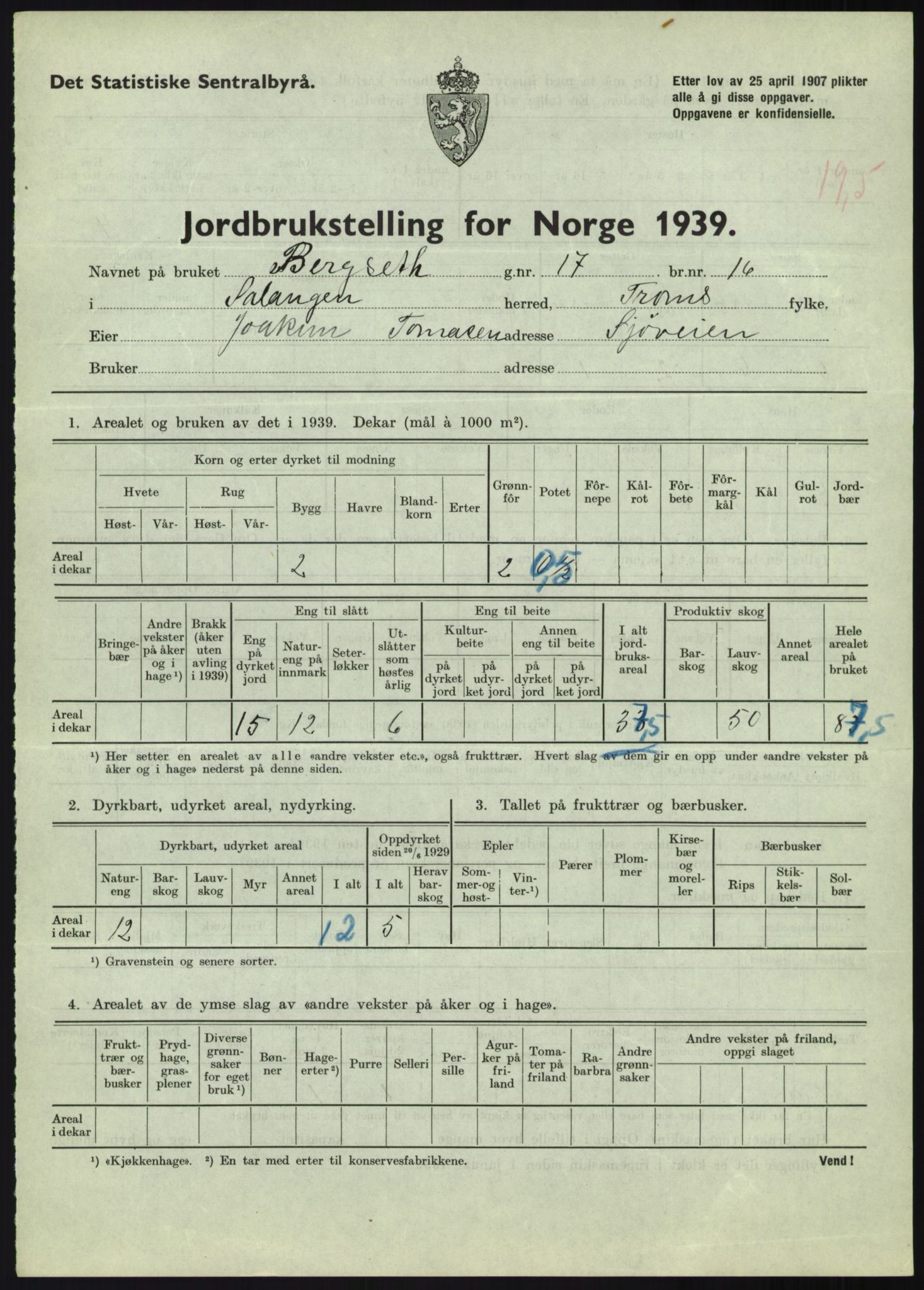 Statistisk sentralbyrå, Næringsøkonomiske emner, Jordbruk, skogbruk, jakt, fiske og fangst, AV/RA-S-2234/G/Gb/L0340: Troms: Salangen og Dyrøy, 1939, p. 438