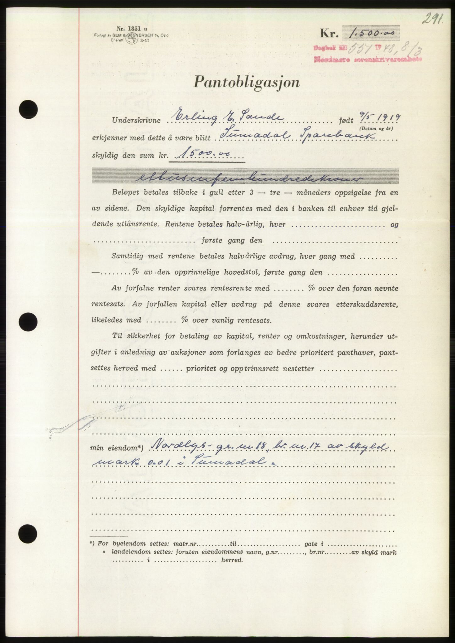 Nordmøre sorenskriveri, AV/SAT-A-4132/1/2/2Ca: Mortgage book no. B98, 1948-1948, Diary no: : 551/1948