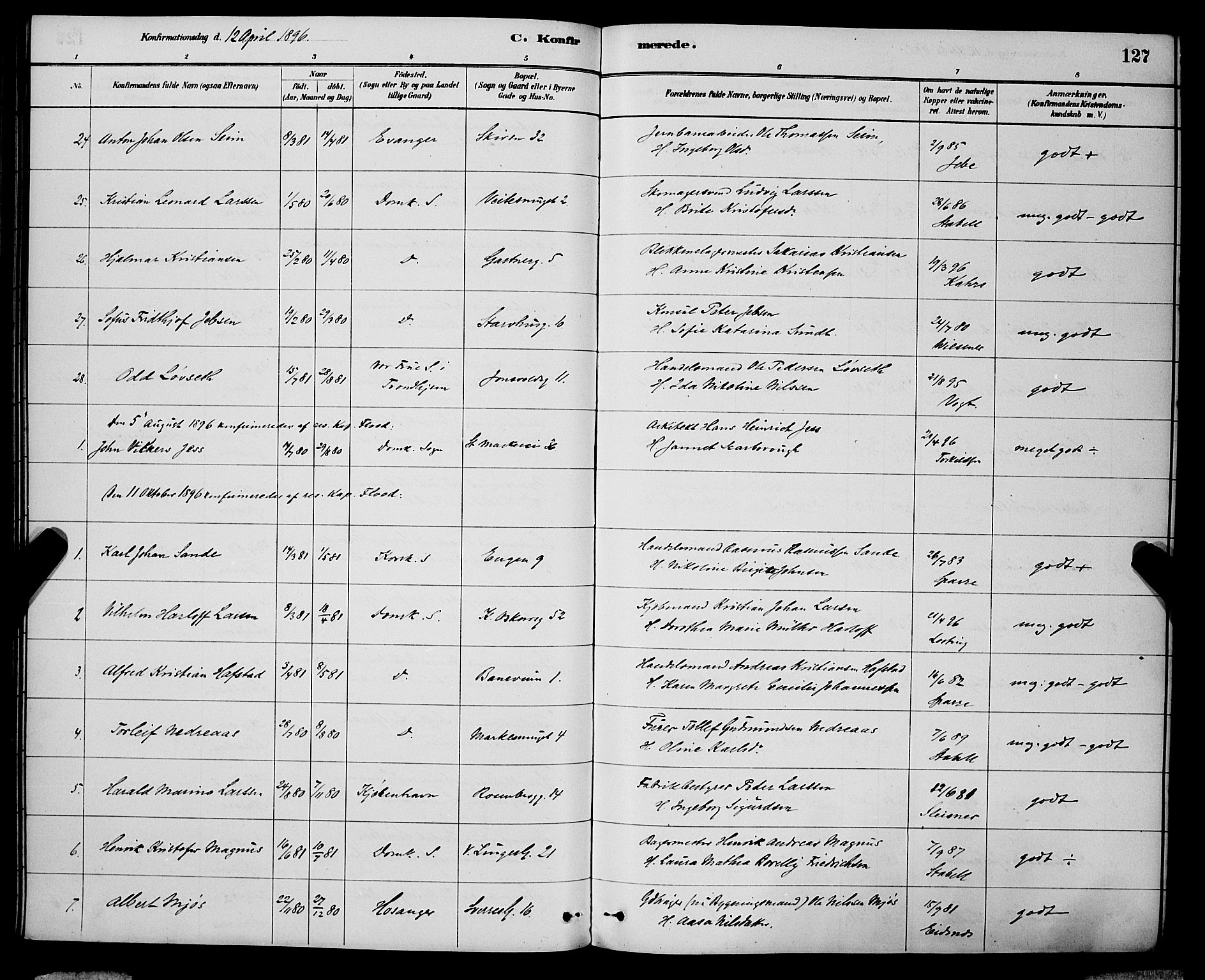 Domkirken sokneprestembete, AV/SAB-A-74801/H/Hab/L0024: Parish register (copy) no. C 4, 1880-1899, p. 127