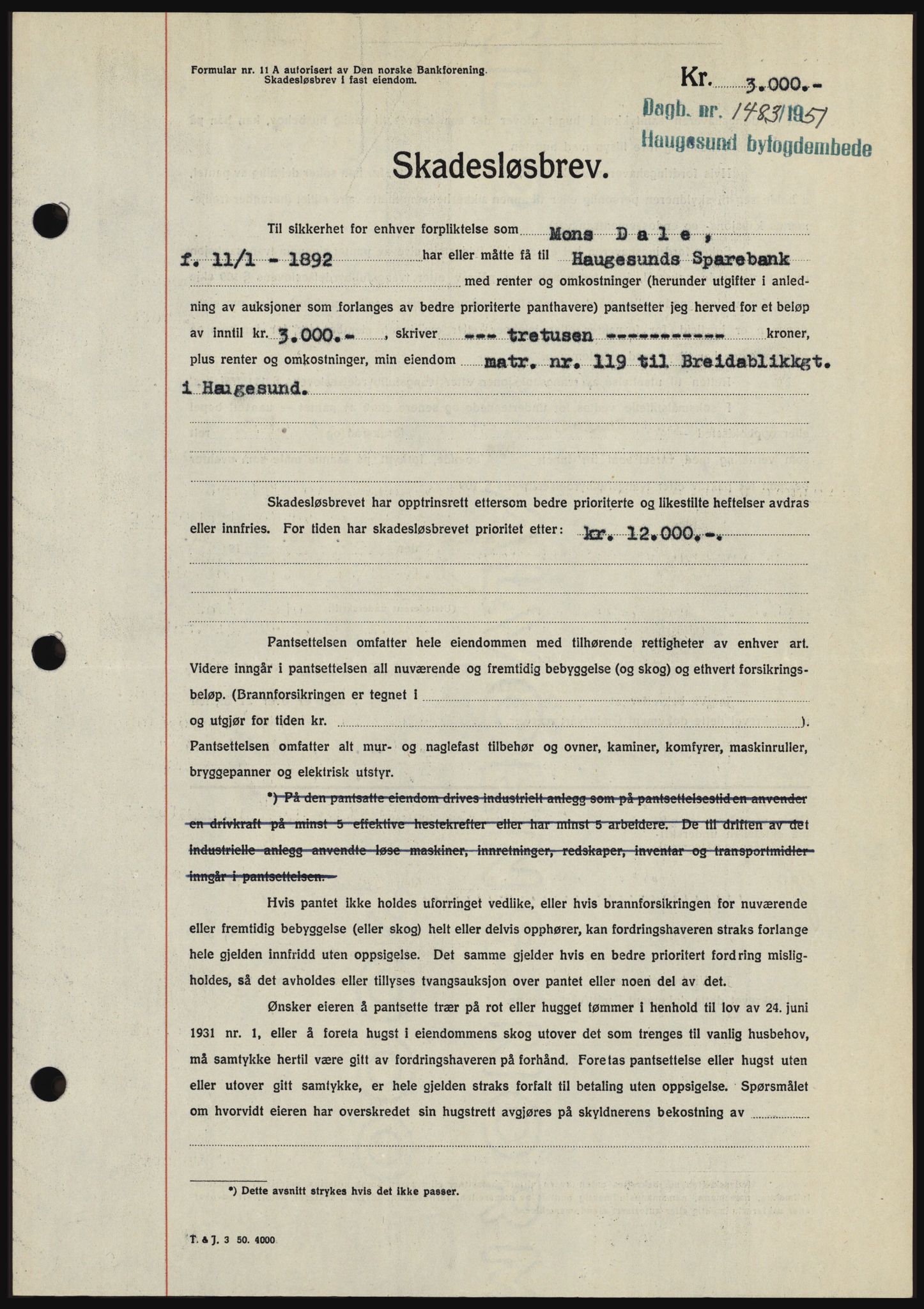 Haugesund tingrett, AV/SAST-A-101415/01/II/IIC/L0038: Mortgage book no. B 38, 1950-1951, Diary no: : 1483/1951