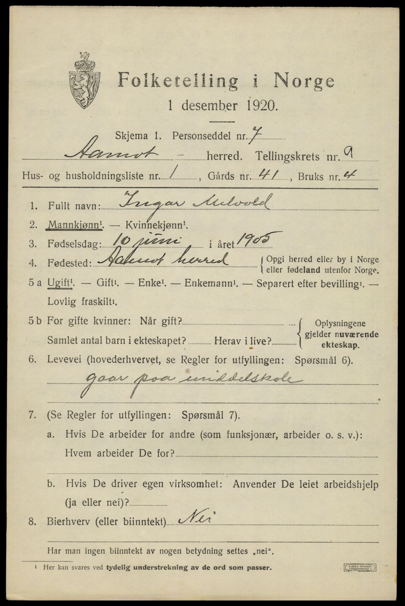 SAH, 1920 census for Åmot, 1920, p. 8199