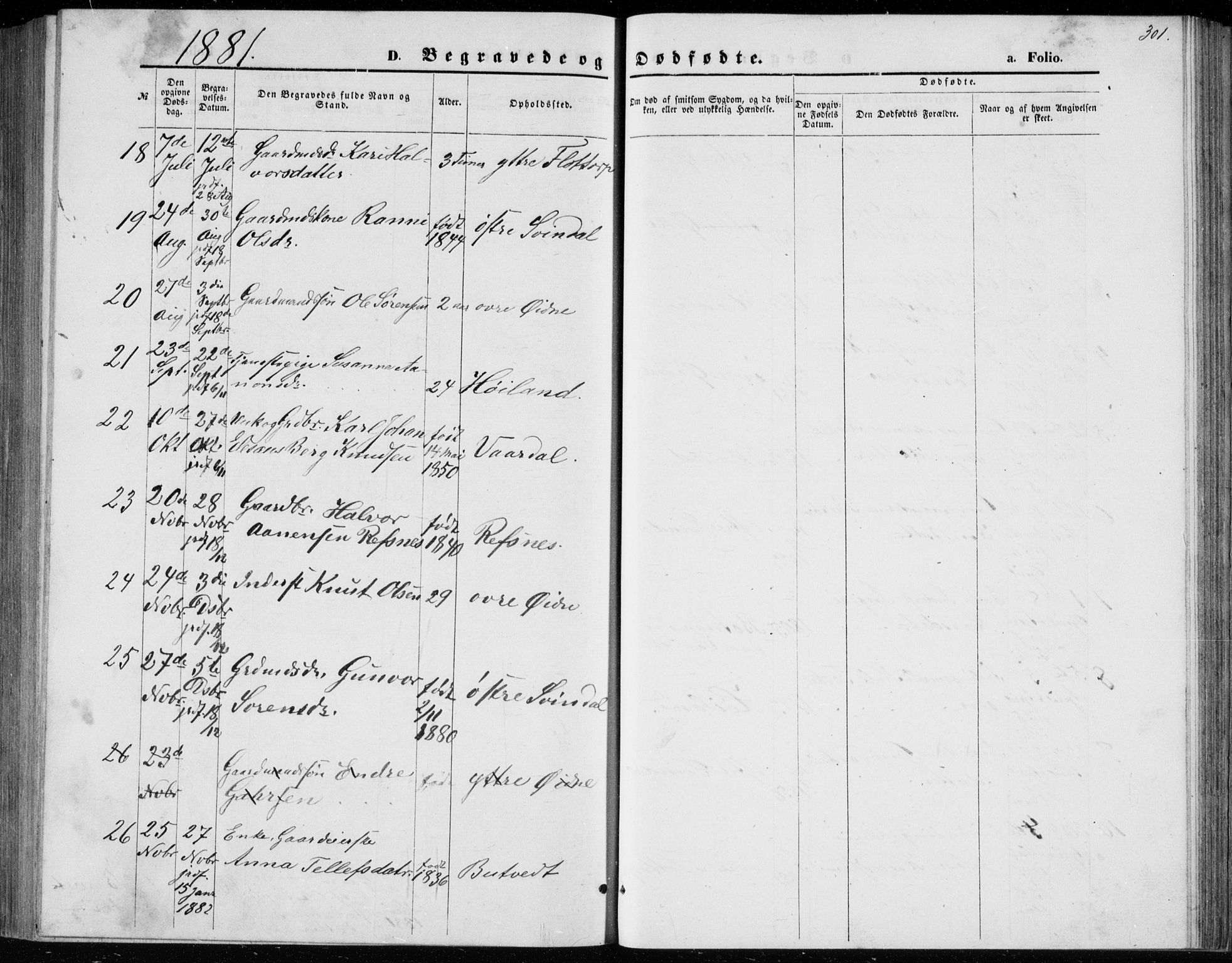 Bjelland sokneprestkontor, SAK/1111-0005/F/Fb/Fbc/L0002: Parish register (copy) no. B 2, 1867-1887, p. 301