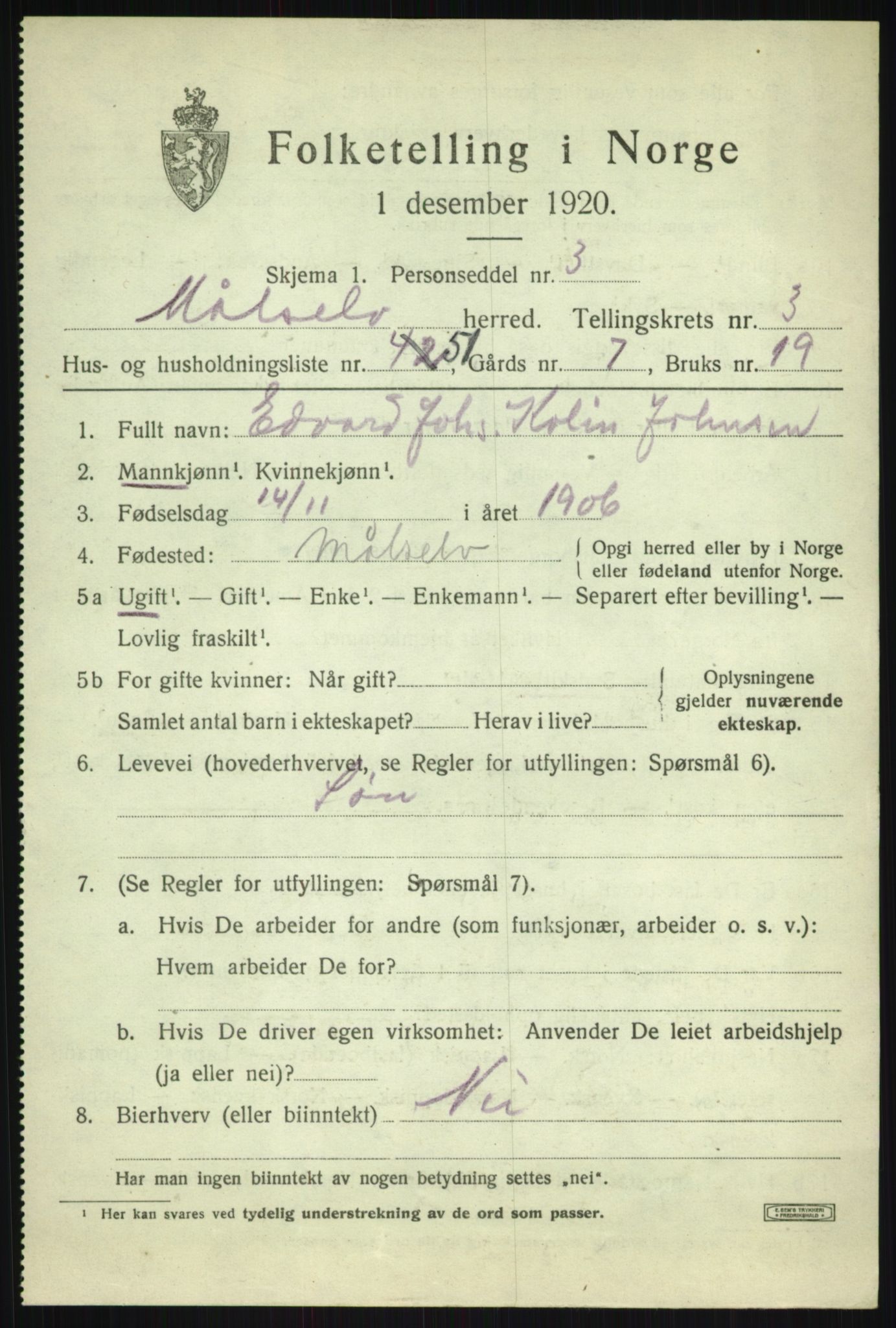SATØ, 1920 census for Målselv, 1920, p. 2795