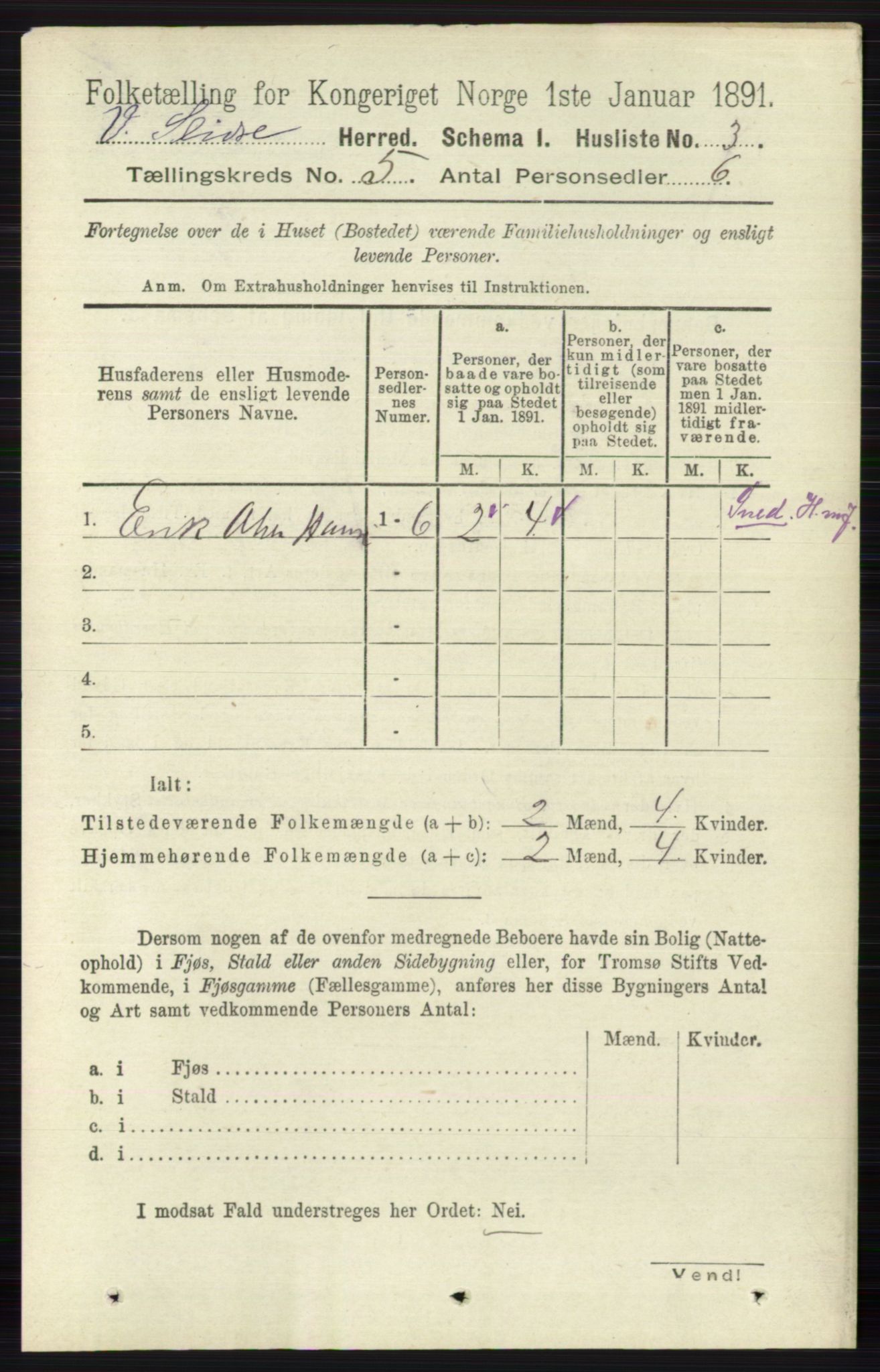 RA, 1891 census for 0543 Vestre Slidre, 1891, p. 1691