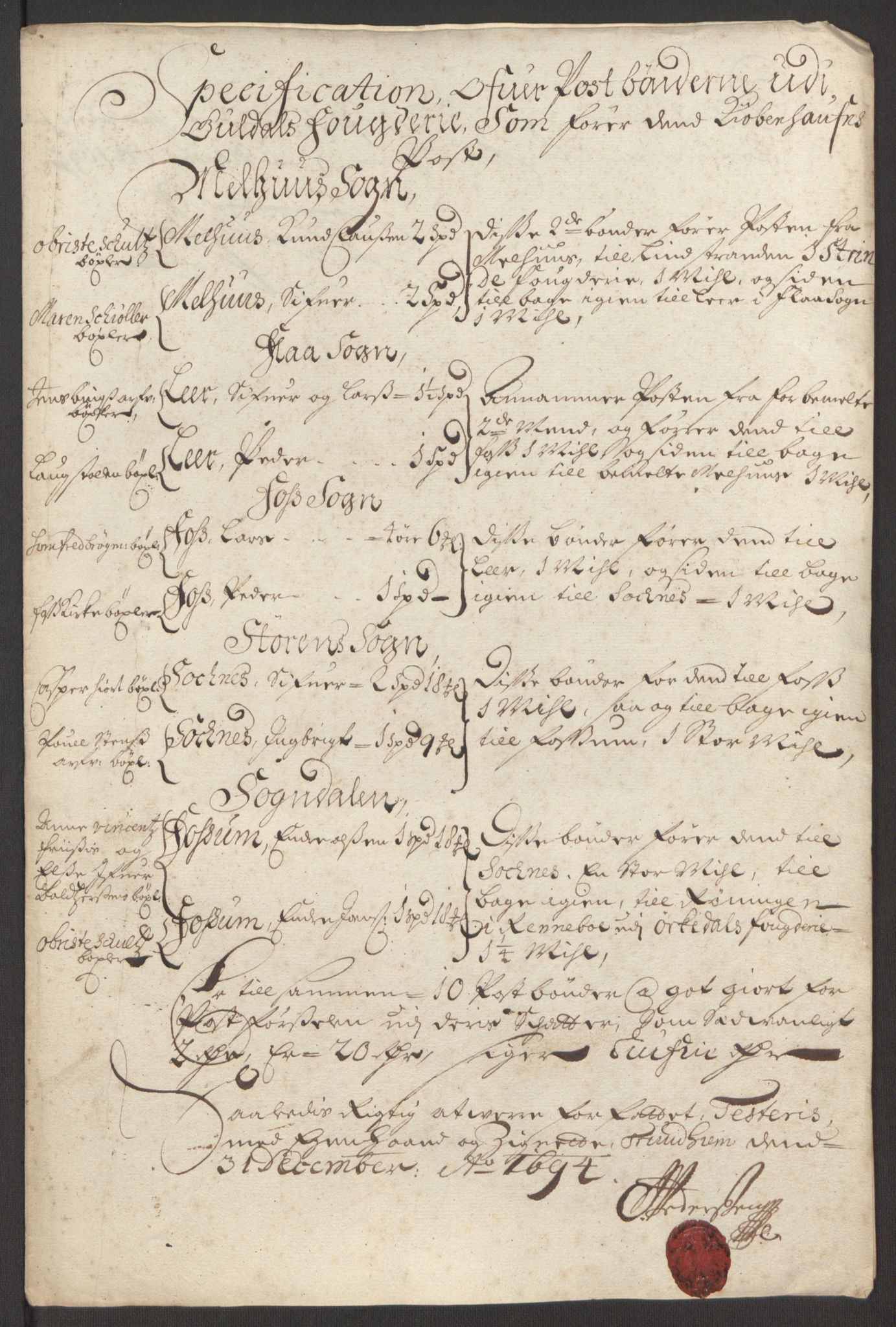 Rentekammeret inntil 1814, Reviderte regnskaper, Fogderegnskap, AV/RA-EA-4092/R60/L3944: Fogderegnskap Orkdal og Gauldal, 1694, p. 413