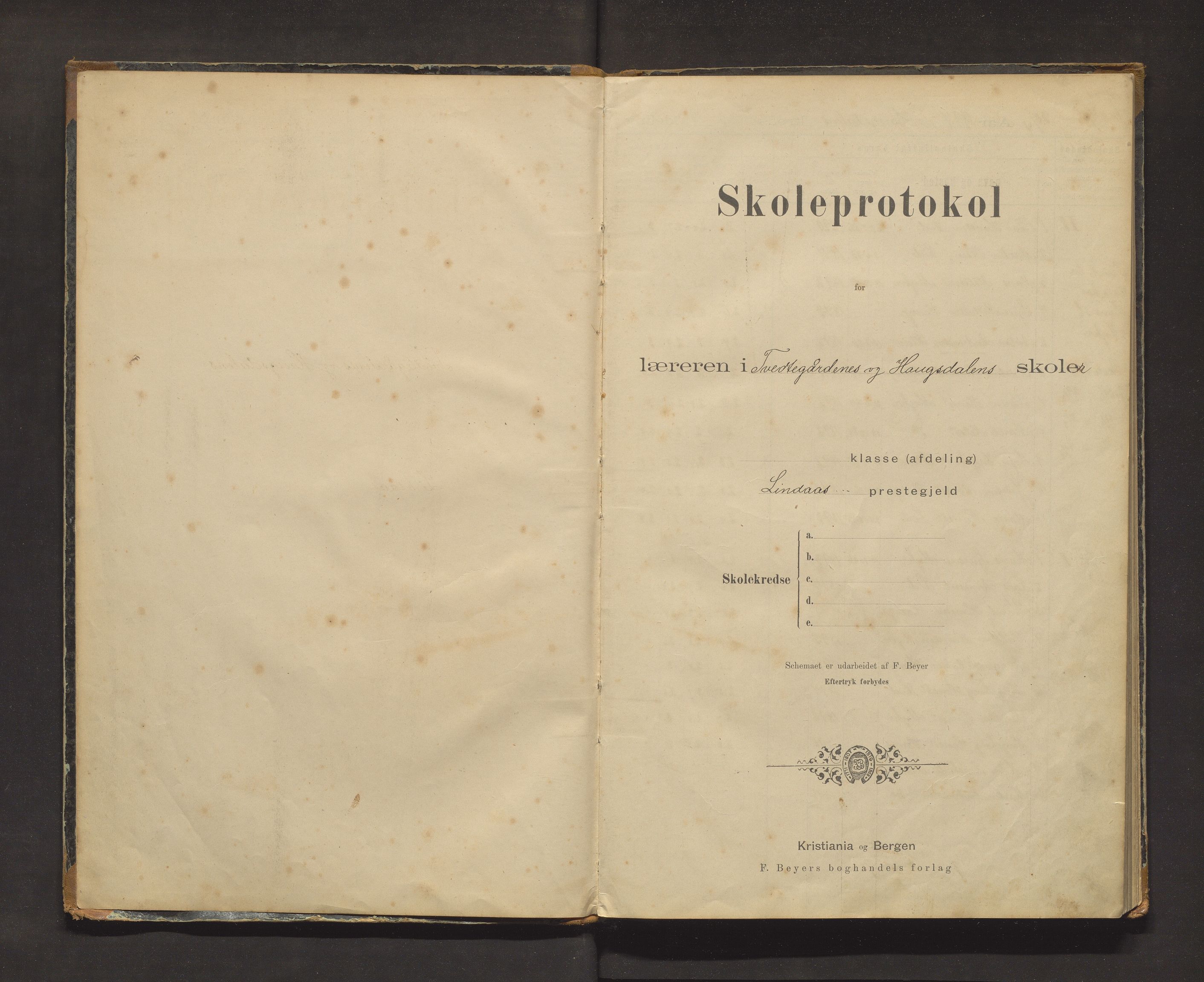 Lindås kommune. Barneskulane, IKAH/1263-231/F/Fa/L0016: Skuleprotokoll for Tvedtegardane, Haugsdalen og Klyvheim krinsar, 1894-1919