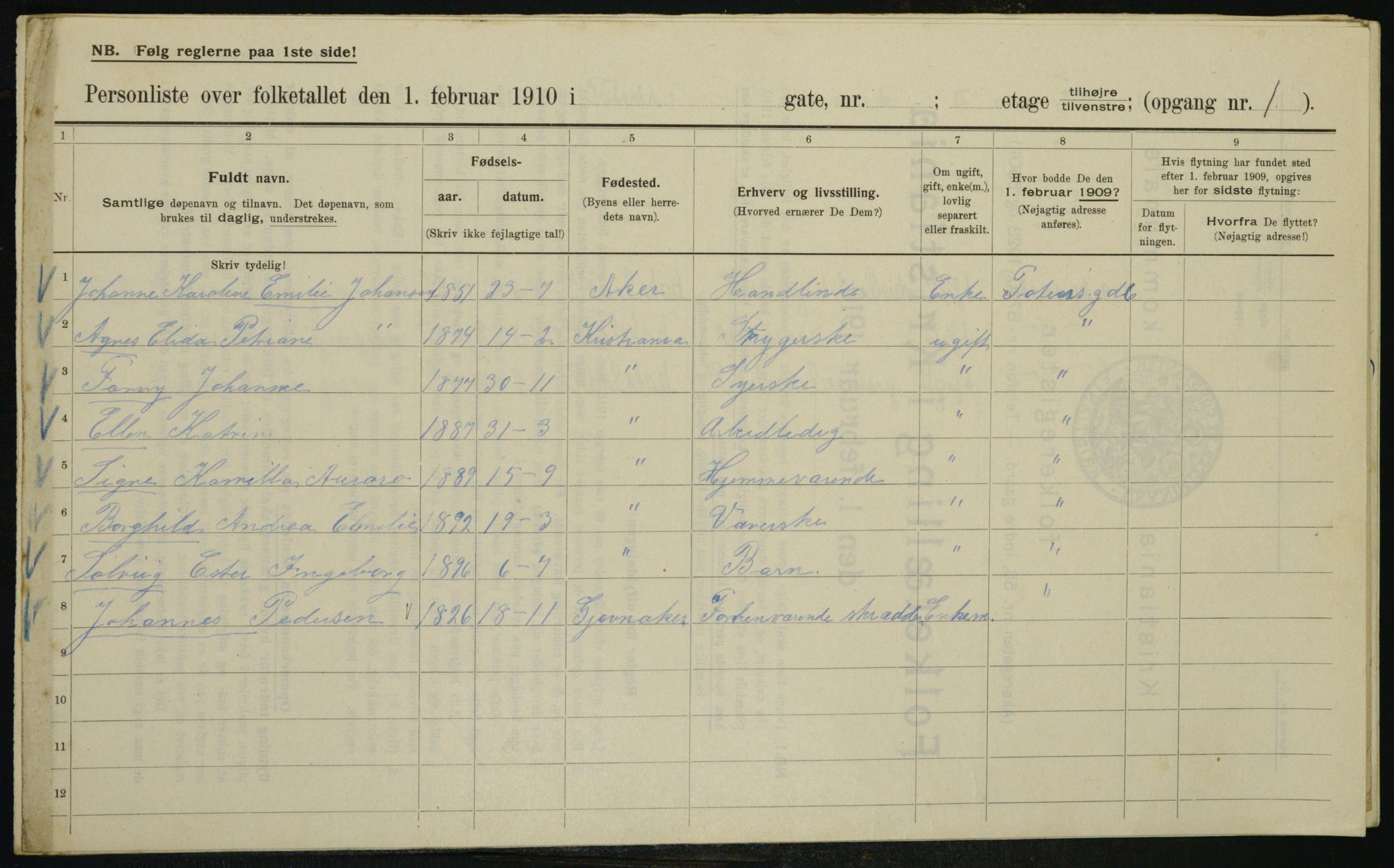 OBA, Municipal Census 1910 for Kristiania, 1910, p. 109580