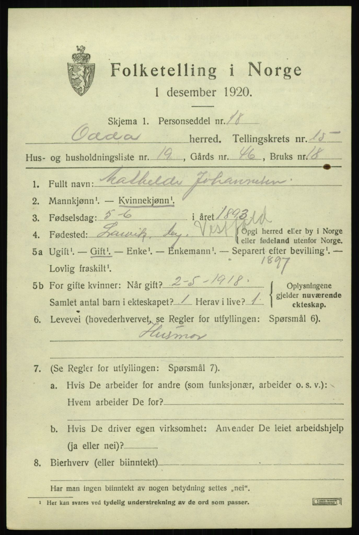 SAB, 1920 census for Odda, 1920, p. 13475