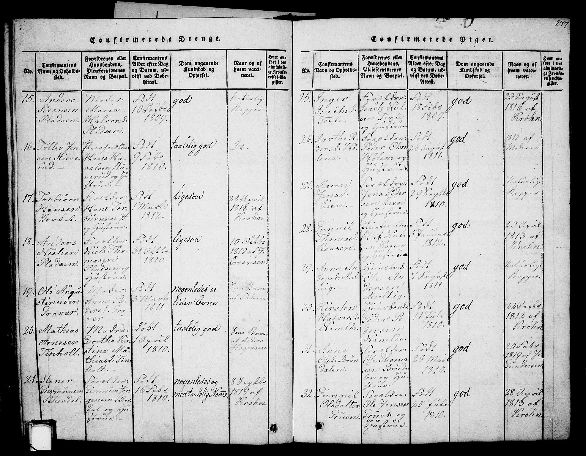 Holla kirkebøker, AV/SAKO-A-272/G/Ga/L0001: Parish register (copy) no. I 1, 1814-1830, p. 277