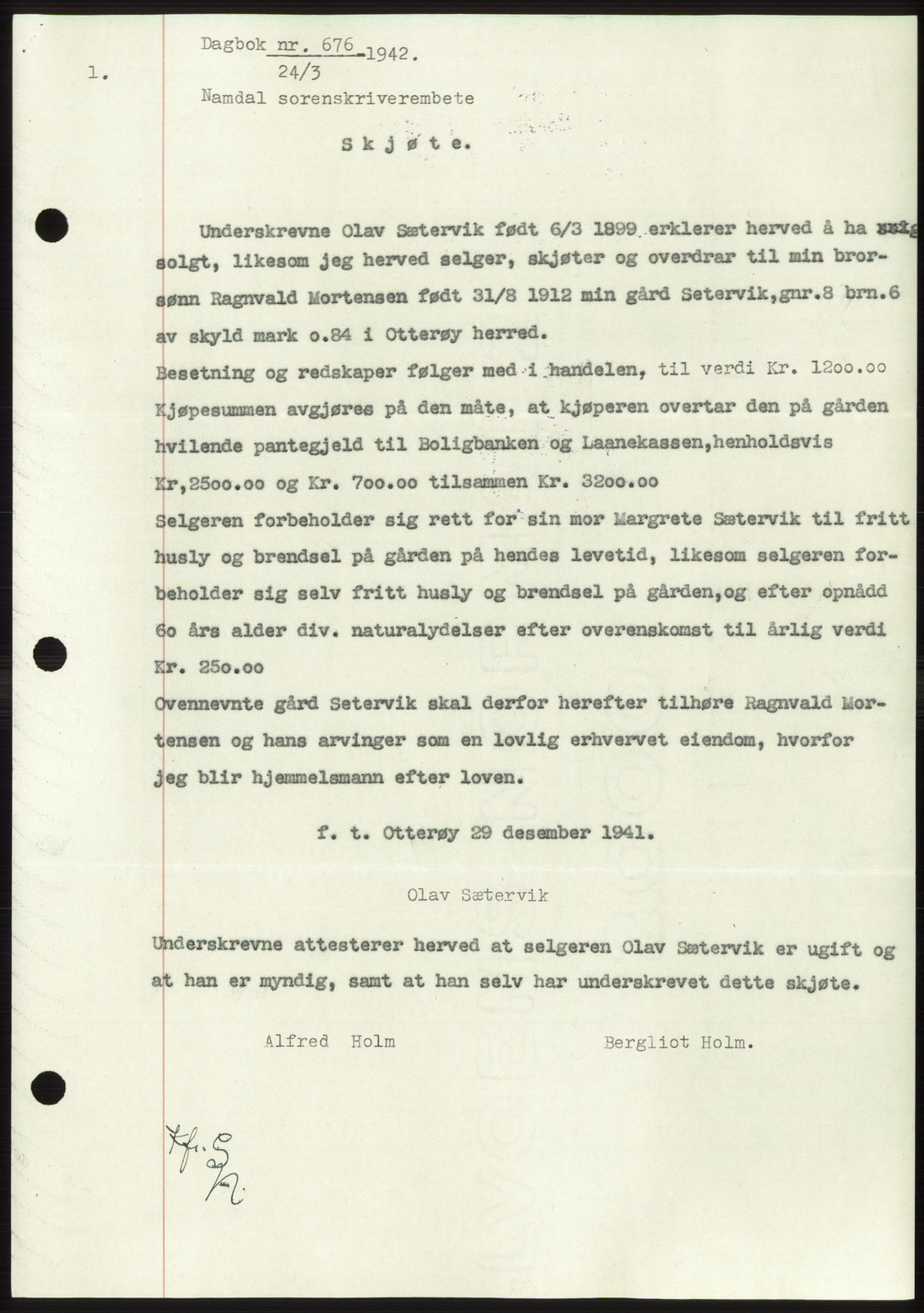 Namdal sorenskriveri, SAT/A-4133/1/2/2C: Mortgage book no. -, 1941-1942, Diary no: : 676/1942