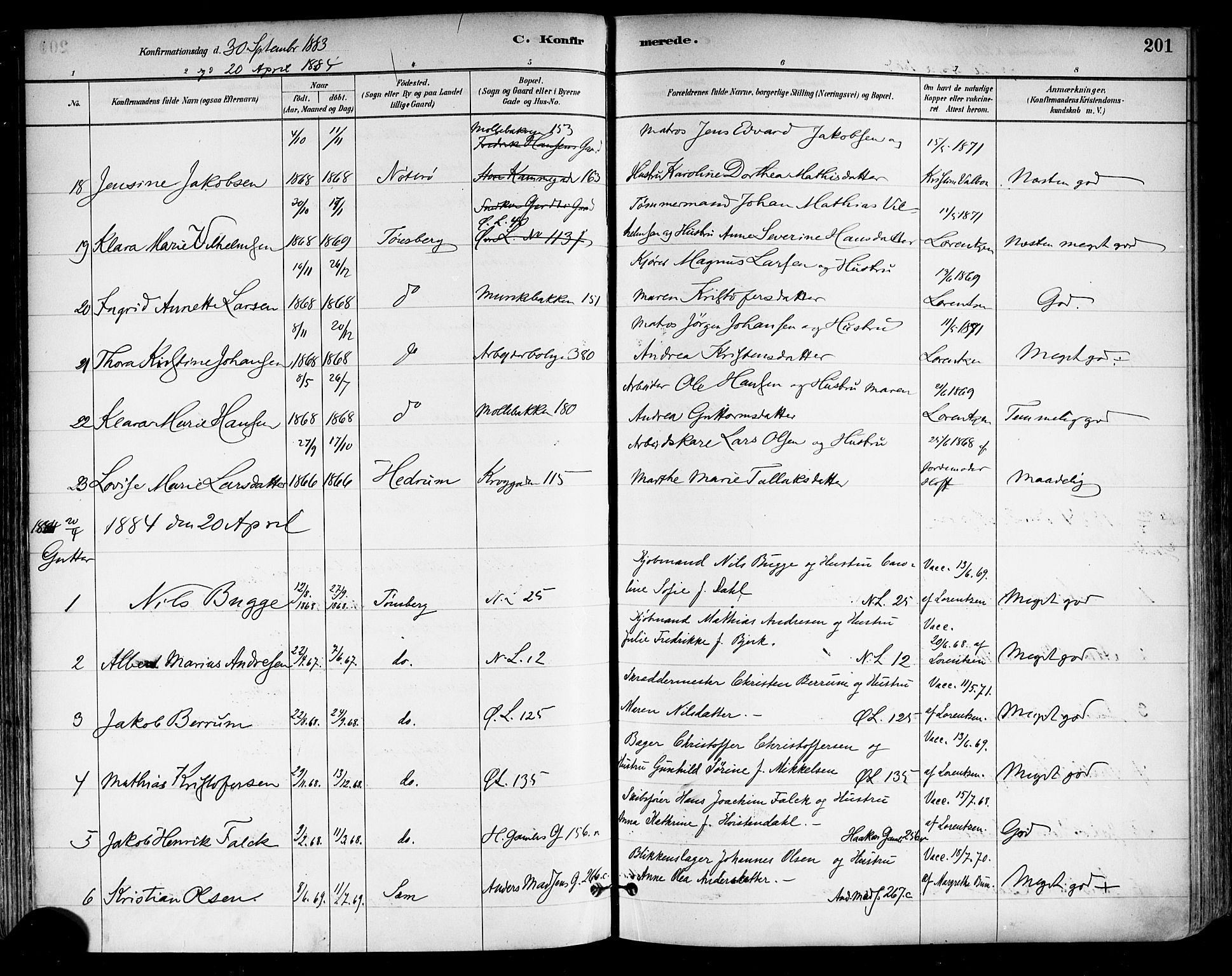 Tønsberg kirkebøker, SAKO/A-330/F/Fa/L0011: Parish register (official) no. I 11, 1881-1890, p. 201