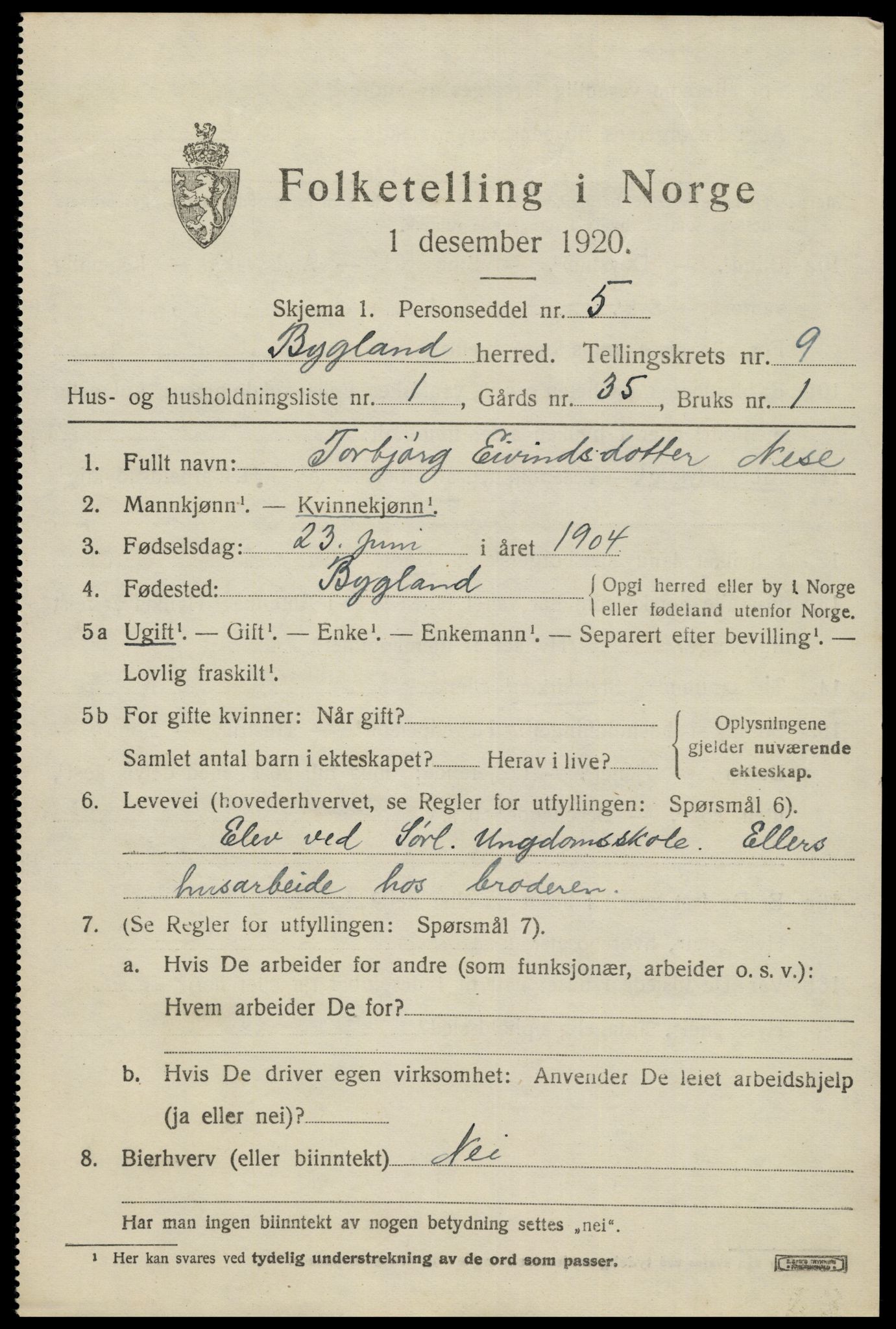 SAK, 1920 census for Bygland, 1920, p. 3097