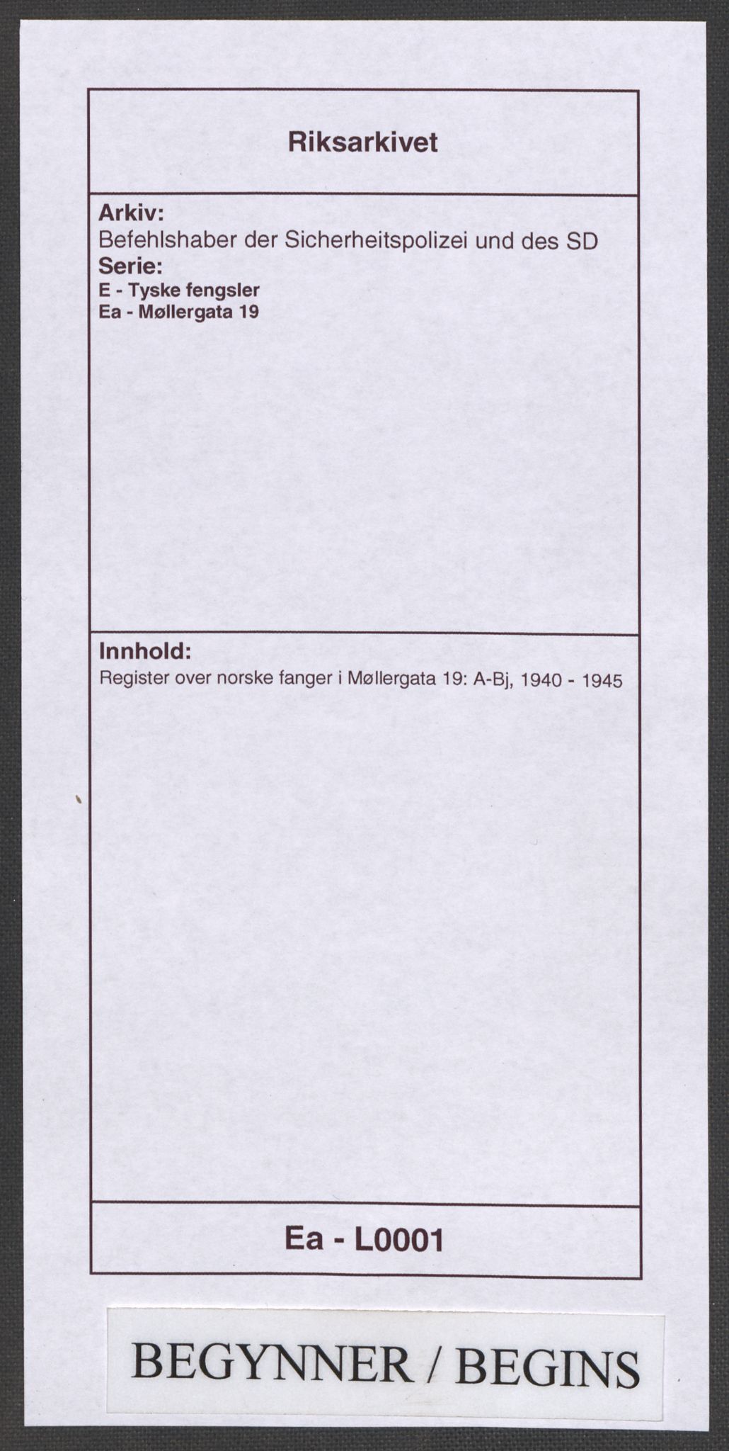 Befehlshaber der Sicherheitspolizei und des SD, AV/RA-RAFA-5969/E/Ea/Eaa/L0001: Register over norske fanger i Møllergata 19: A-Bj, 1940-1945, p. 1