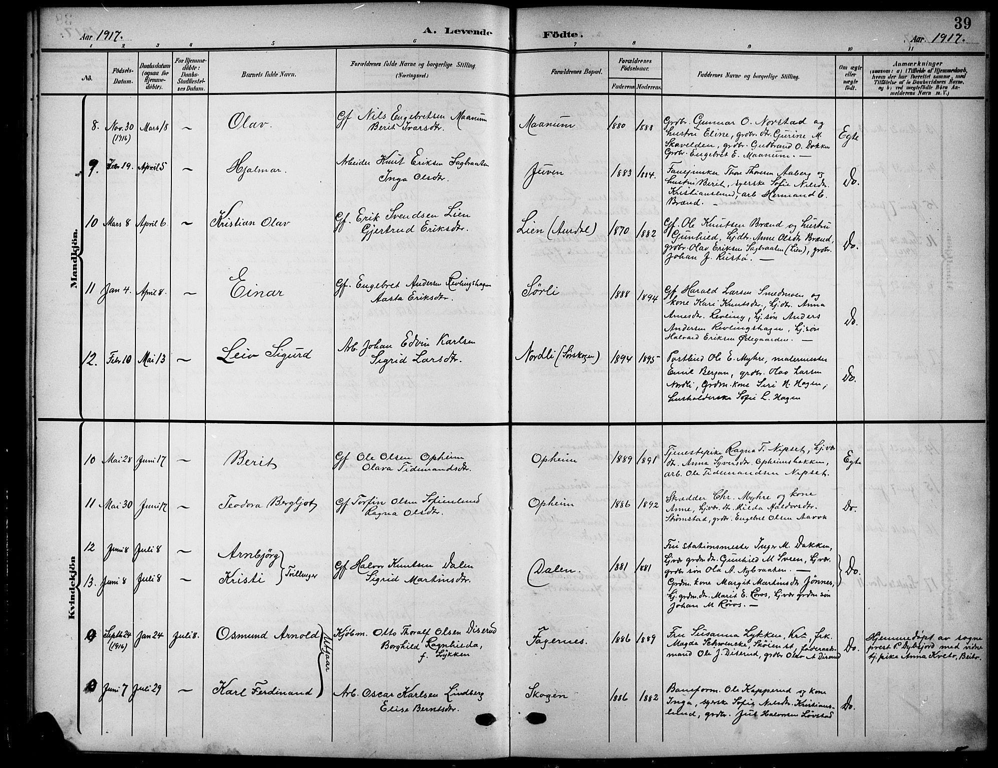 Nord-Aurdal prestekontor, AV/SAH-PREST-132/H/Ha/Hab/L0012: Parish register (copy) no. 12, 1907-1920, p. 39