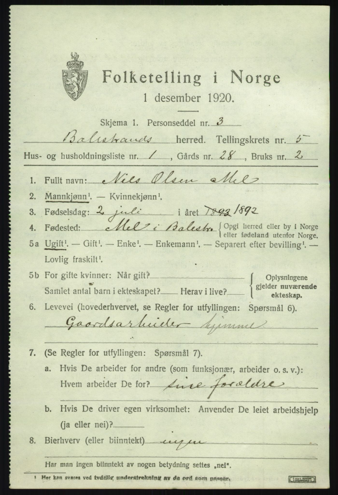 SAB, 1920 census for Balestrand, 1920, p. 2490