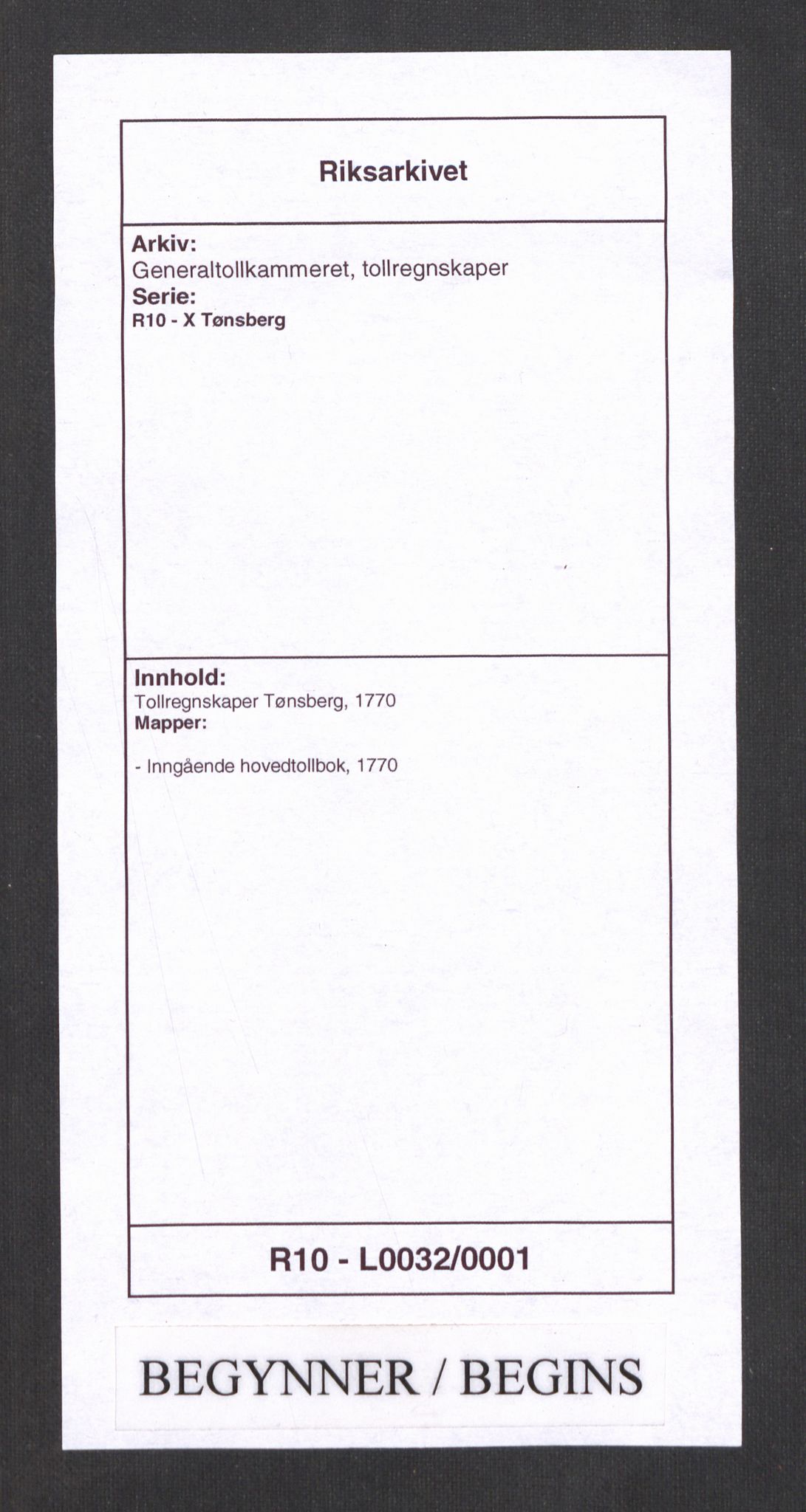 Generaltollkammeret, tollregnskaper, RA/EA-5490/R10/L0017/0001: Tollregnskaper Tønsberg / Inngående hovedtollbok, 1770