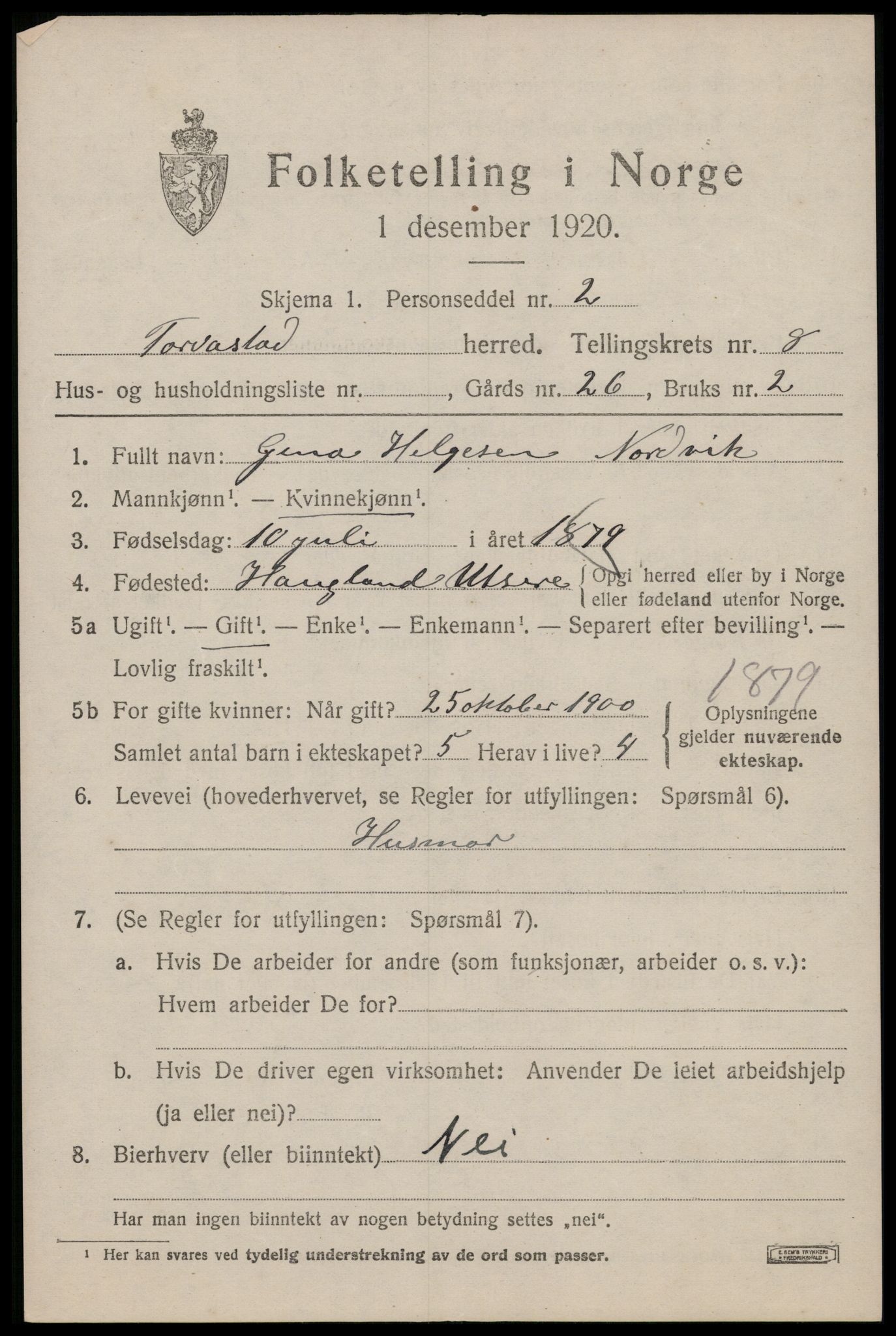 SAST, 1920 census for Torvastad, 1920, p. 5622