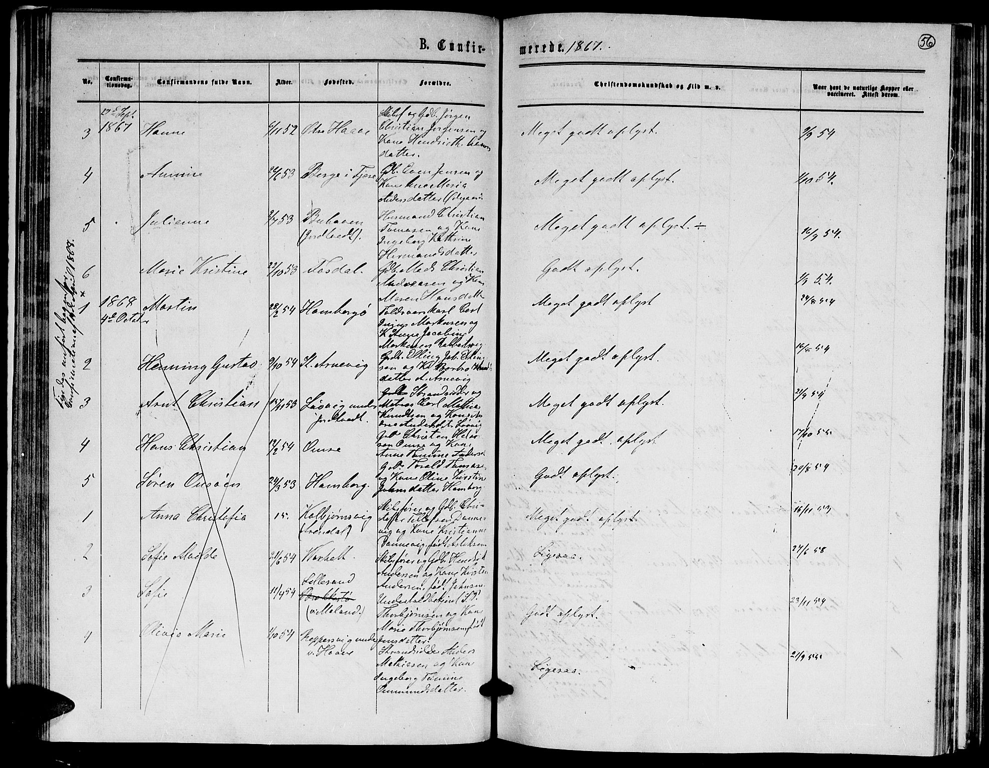 Hommedal sokneprestkontor, AV/SAK-1111-0023/F/Fb/Fba/L0003: Parish register (copy) no. B 3, 1863-1884, p. 56