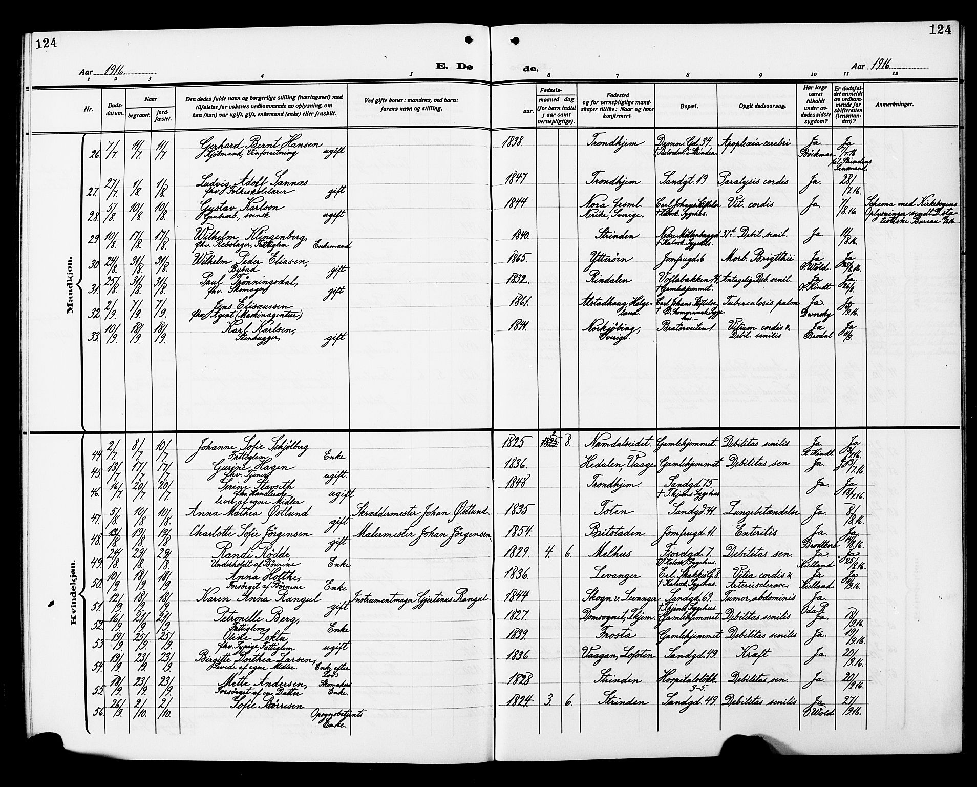 Ministerialprotokoller, klokkerbøker og fødselsregistre - Sør-Trøndelag, AV/SAT-A-1456/602/L0147: Parish register (copy) no. 602C15, 1911-1924, p. 124