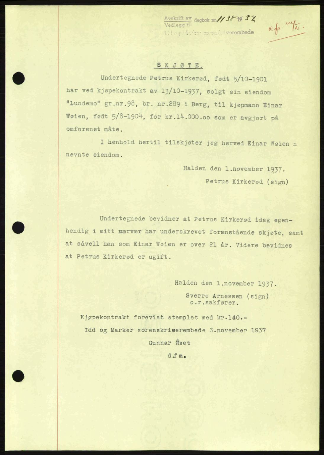 Idd og Marker sorenskriveri, AV/SAO-A-10283/G/Gb/Gbb/L0002: Mortgage book no. A2, 1937-1938, Diary no: : 1138/1937
