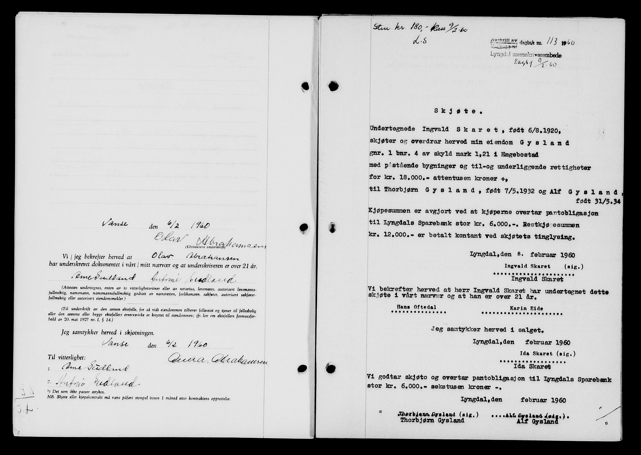 Lyngdal sorenskriveri, AV/SAK-1221-0004/G/Gb/L0679: Mortgage book no. A XXV, 1959-1960, Diary no: : 113/1960