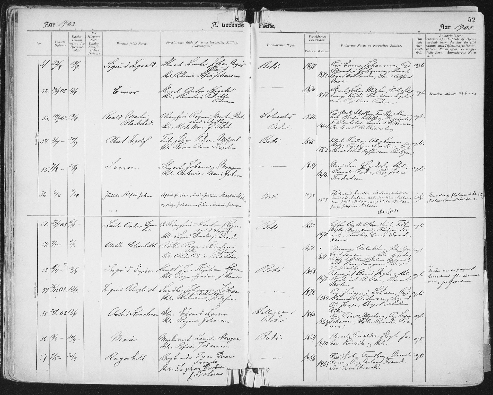 Ministerialprotokoller, klokkerbøker og fødselsregistre - Nordland, AV/SAT-A-1459/801/L0011: Parish register (official) no. 801A11, 1900-1916, p. 52