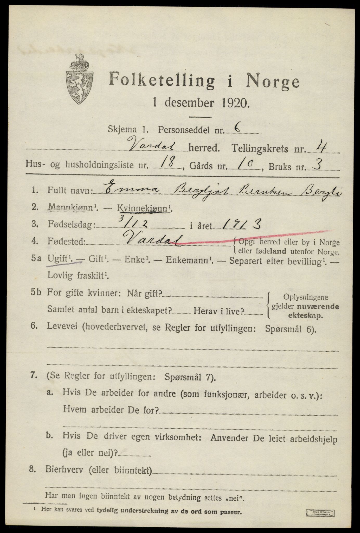 SAH, 1920 census for Vardal, 1920, p. 3051