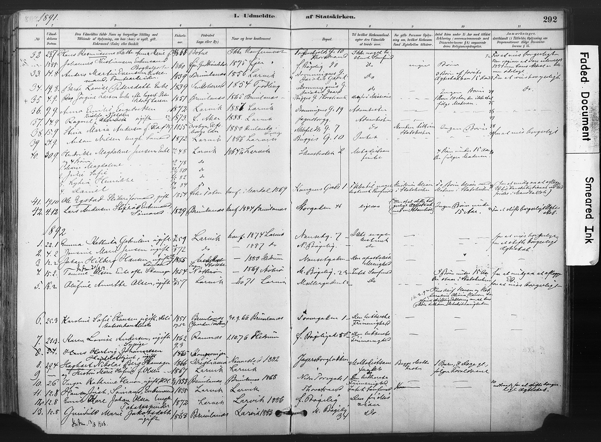 Larvik kirkebøker, SAKO/A-352/F/Fa/L0010: Parish register (official) no. I 10, 1884-1910, p. 292