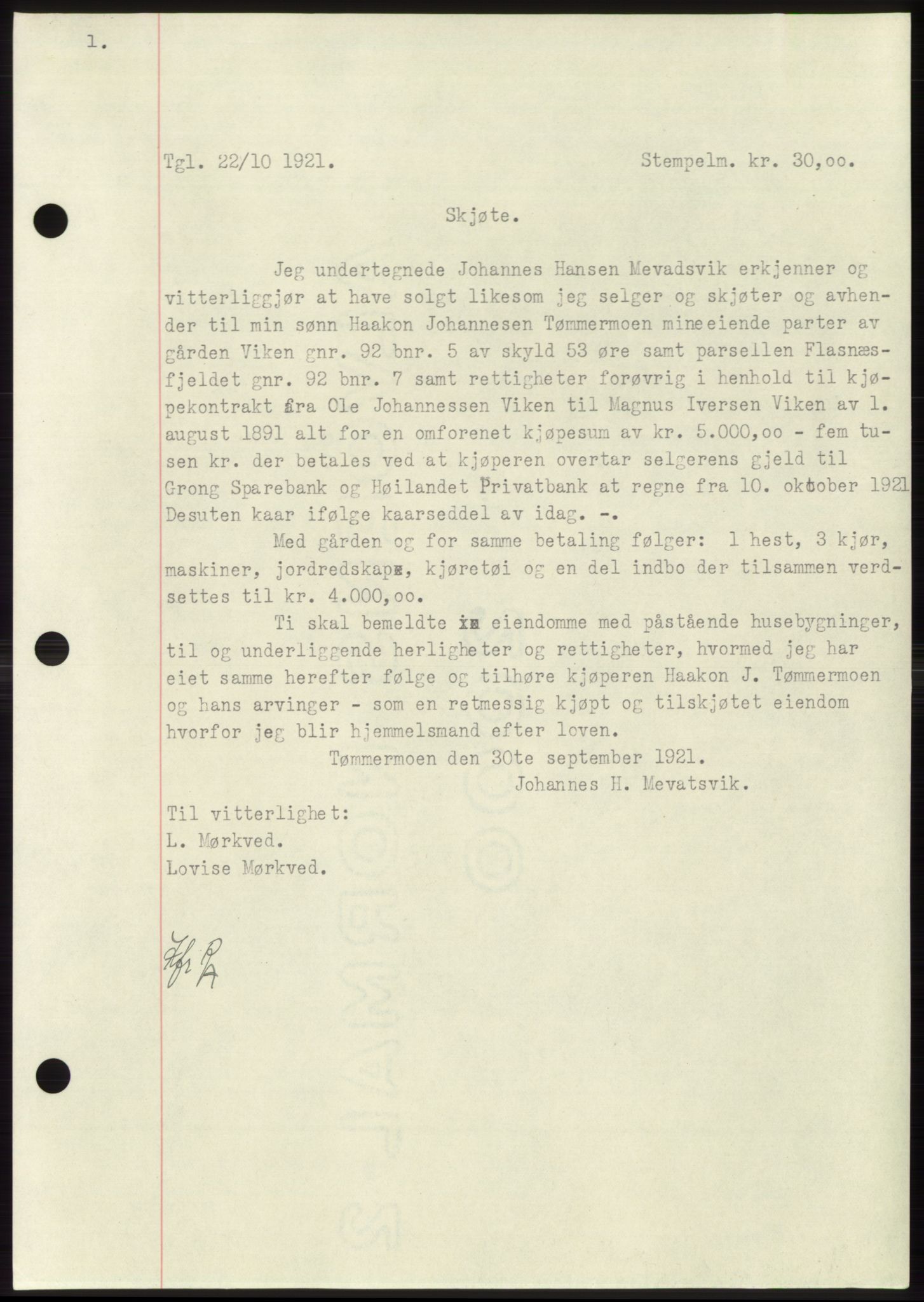 Namdal sorenskriveri, SAT/A-4133/1/2/2C: Mortgage book no. -, 1916-1921, Deed date: 22.10.1921