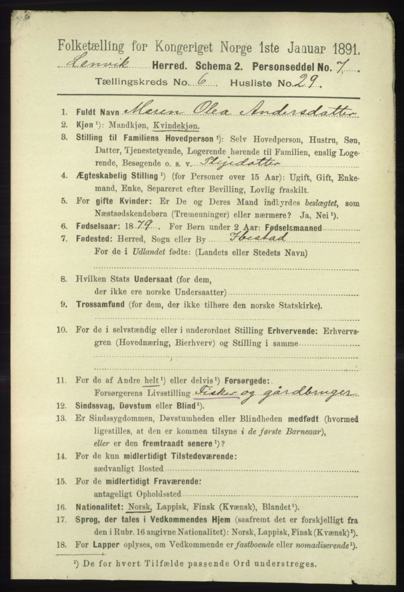 RA, 1891 census for 1931 Lenvik, 1891, p. 3408