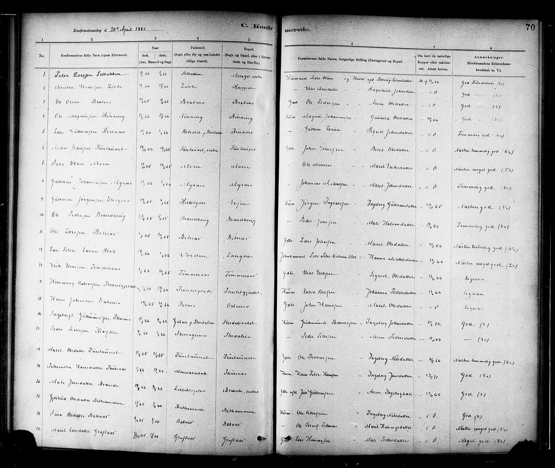 Ministerialprotokoller, klokkerbøker og fødselsregistre - Nord-Trøndelag, SAT/A-1458/706/L0047: Parish register (official) no. 706A03, 1878-1892, p. 70