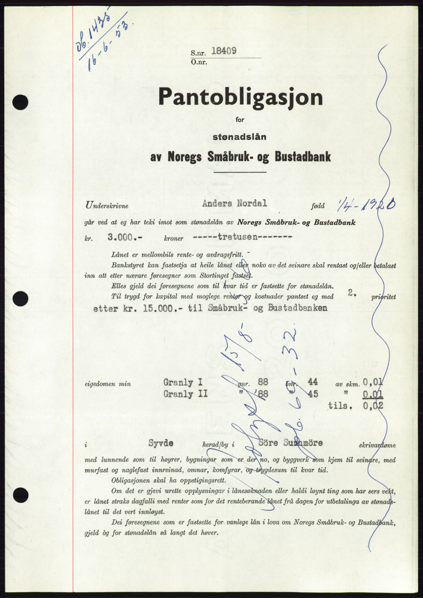 Søre Sunnmøre sorenskriveri, SAT/A-4122/1/2/2C/L0123: Mortgage book no. 11B, 1953-1953, Diary no: : 1435/1953