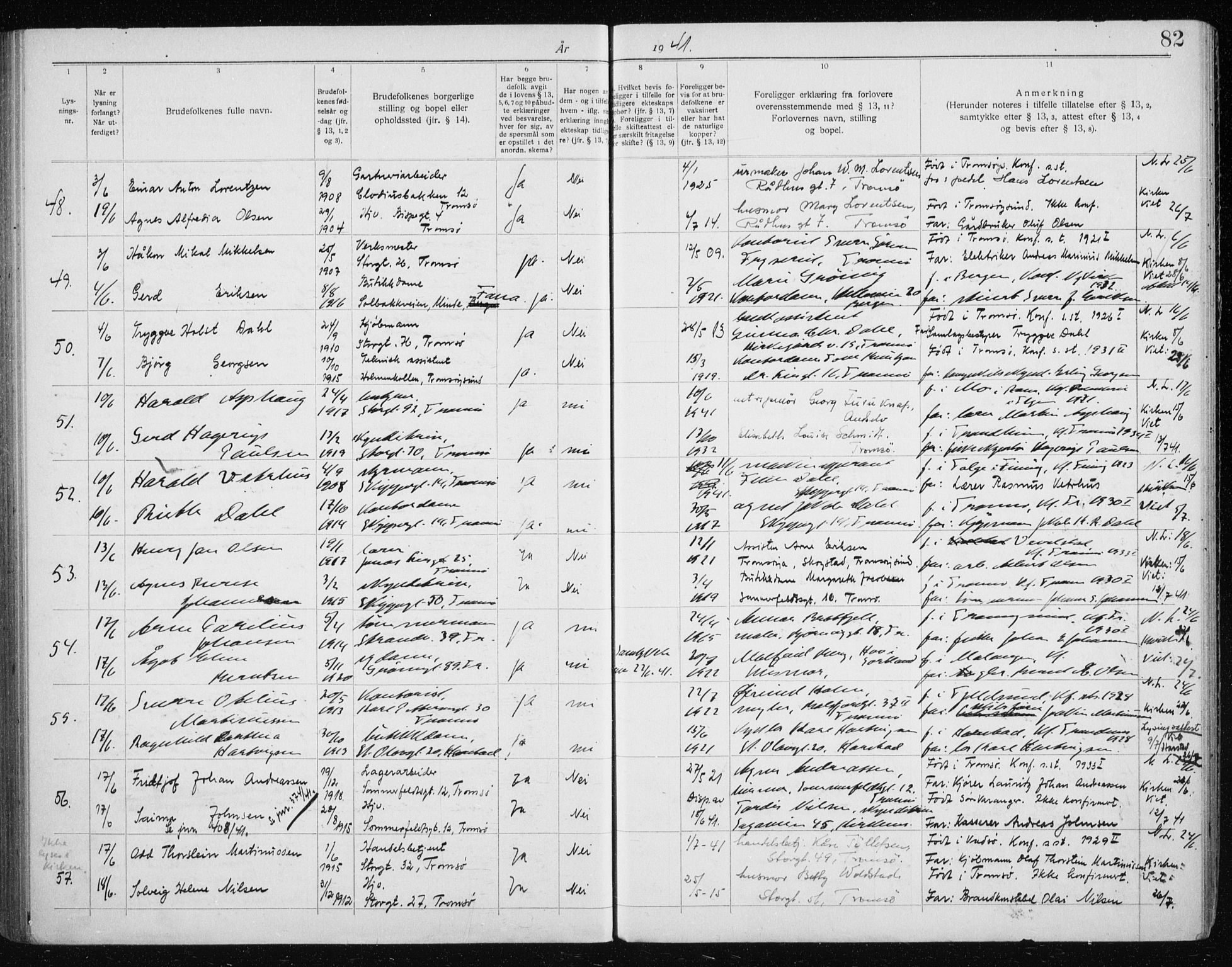 Tromsø sokneprestkontor/stiftsprosti/domprosti, AV/SATØ-S-1343/H/Hc/L0101: Banns register no. 101, 1933-1943, p. 82