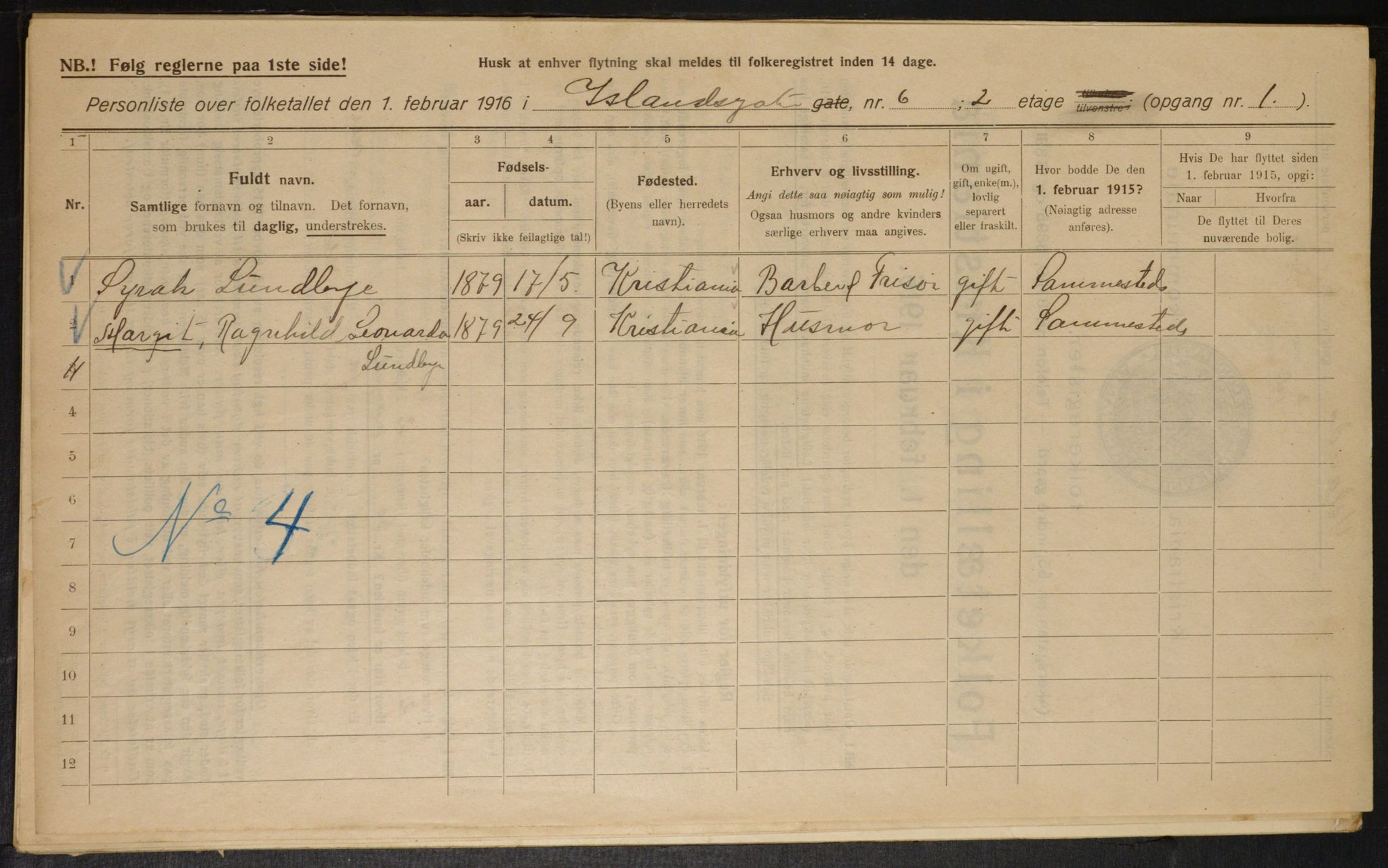 OBA, Municipal Census 1916 for Kristiania, 1916, p. 45482