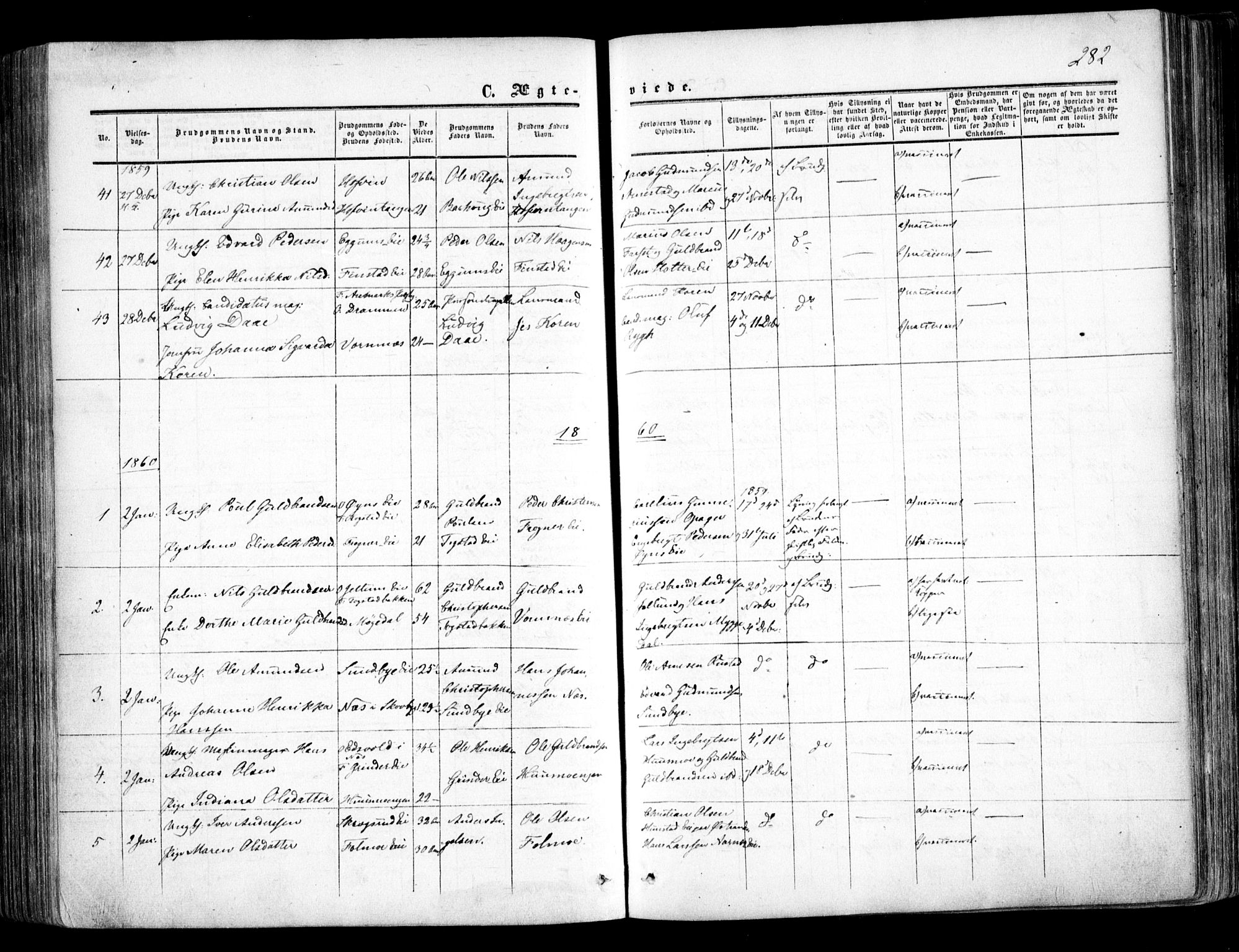 Nes prestekontor Kirkebøker, AV/SAO-A-10410/F/Fa/L0008: Parish register (official) no. I 8, 1859-1874, p. 282