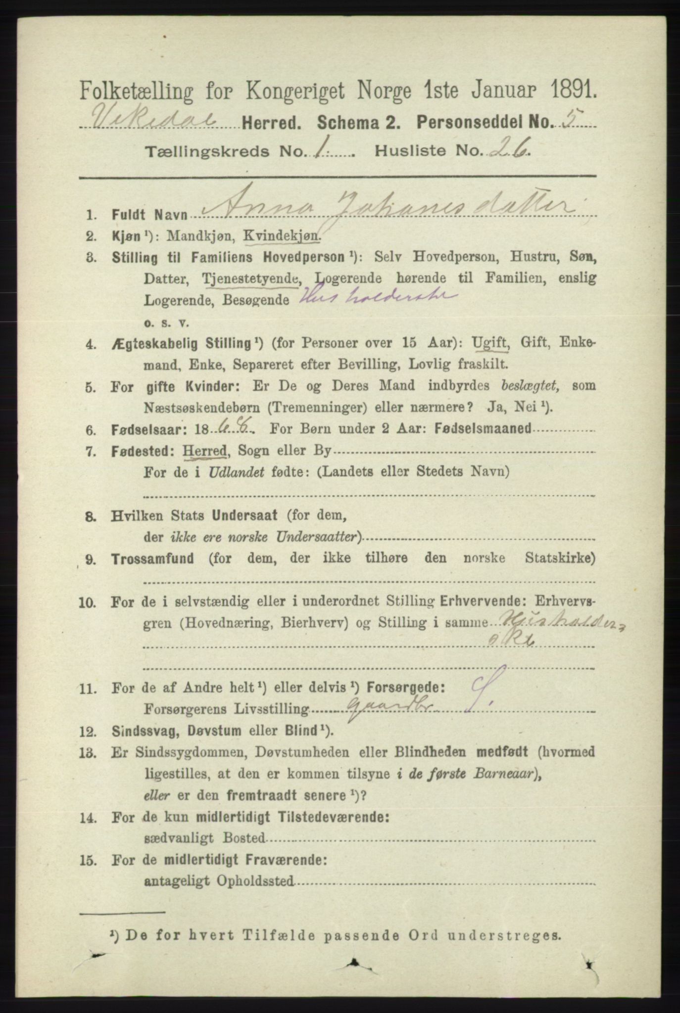 RA, 1891 census for 1157 Vikedal, 1891, p. 191