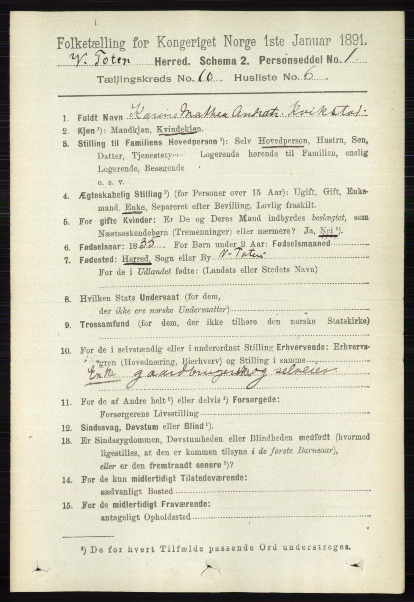 RA, 1891 census for 0529 Vestre Toten, 1891, p. 6220