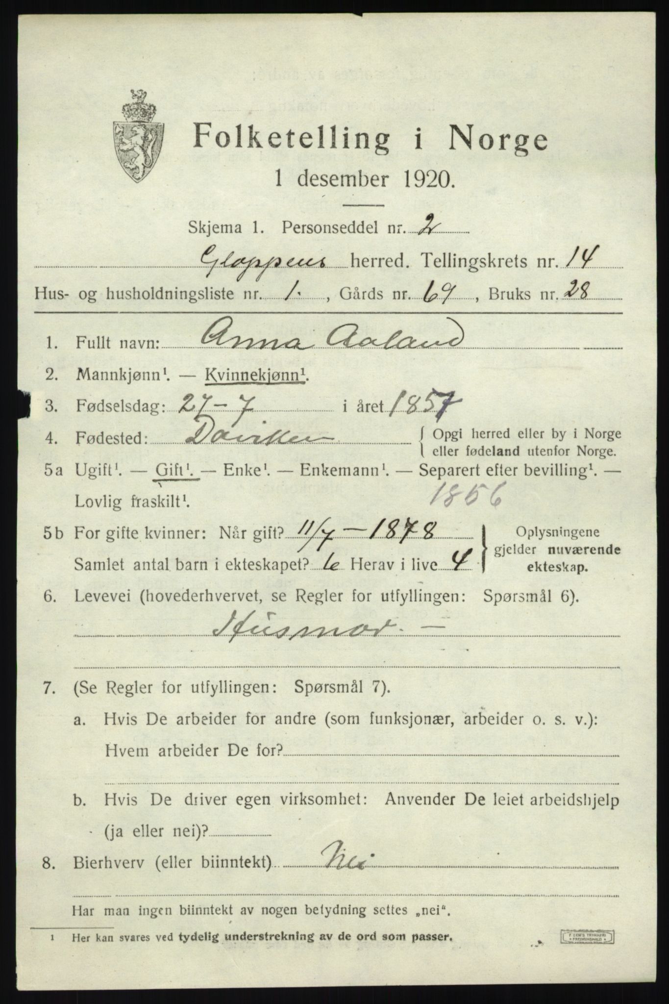 SAB, 1920 census for Gloppen, 1920, p. 6890