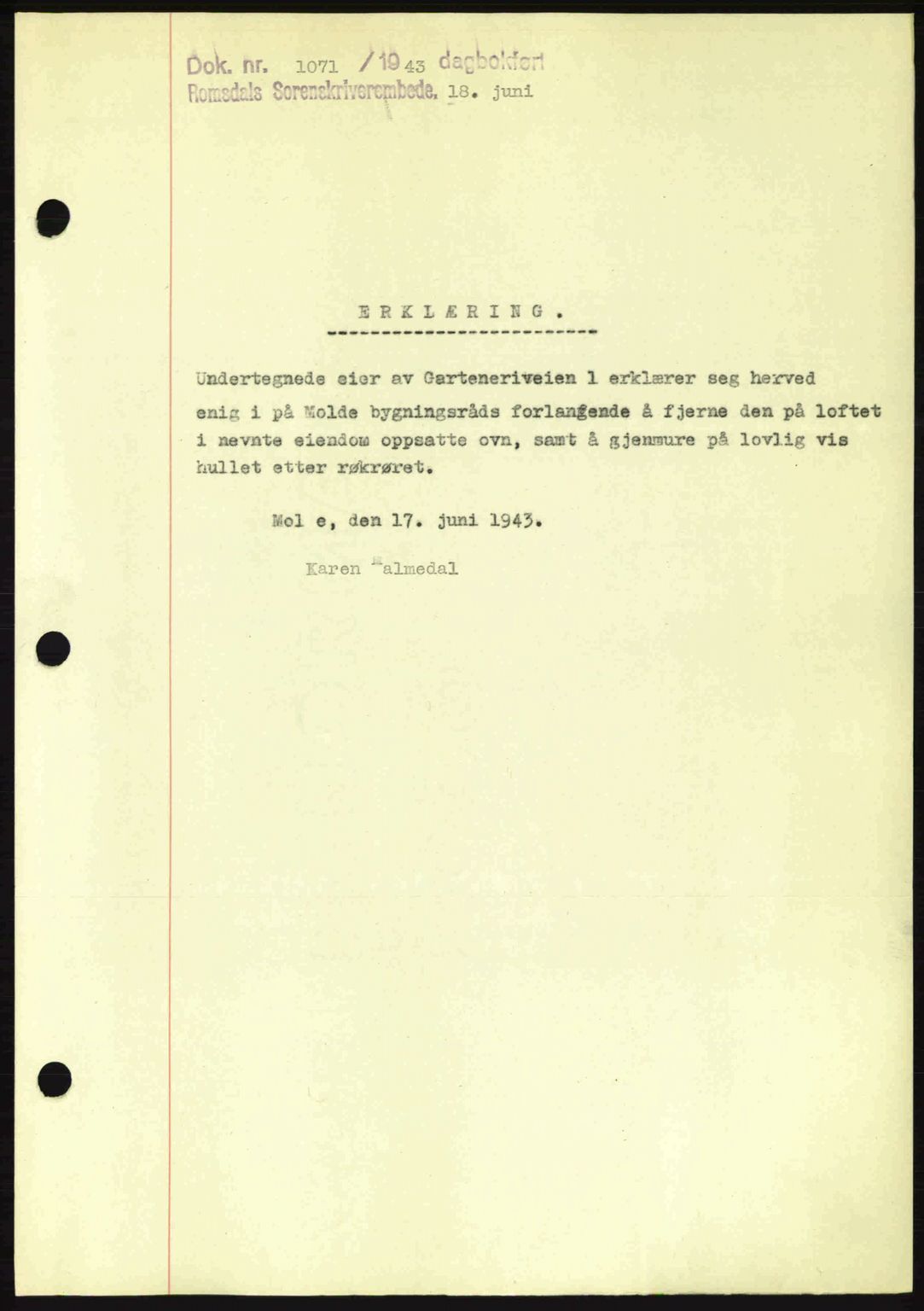 Romsdal sorenskriveri, AV/SAT-A-4149/1/2/2C: Mortgage book no. B2, 1939-1945, Diary no: : 1071/1943