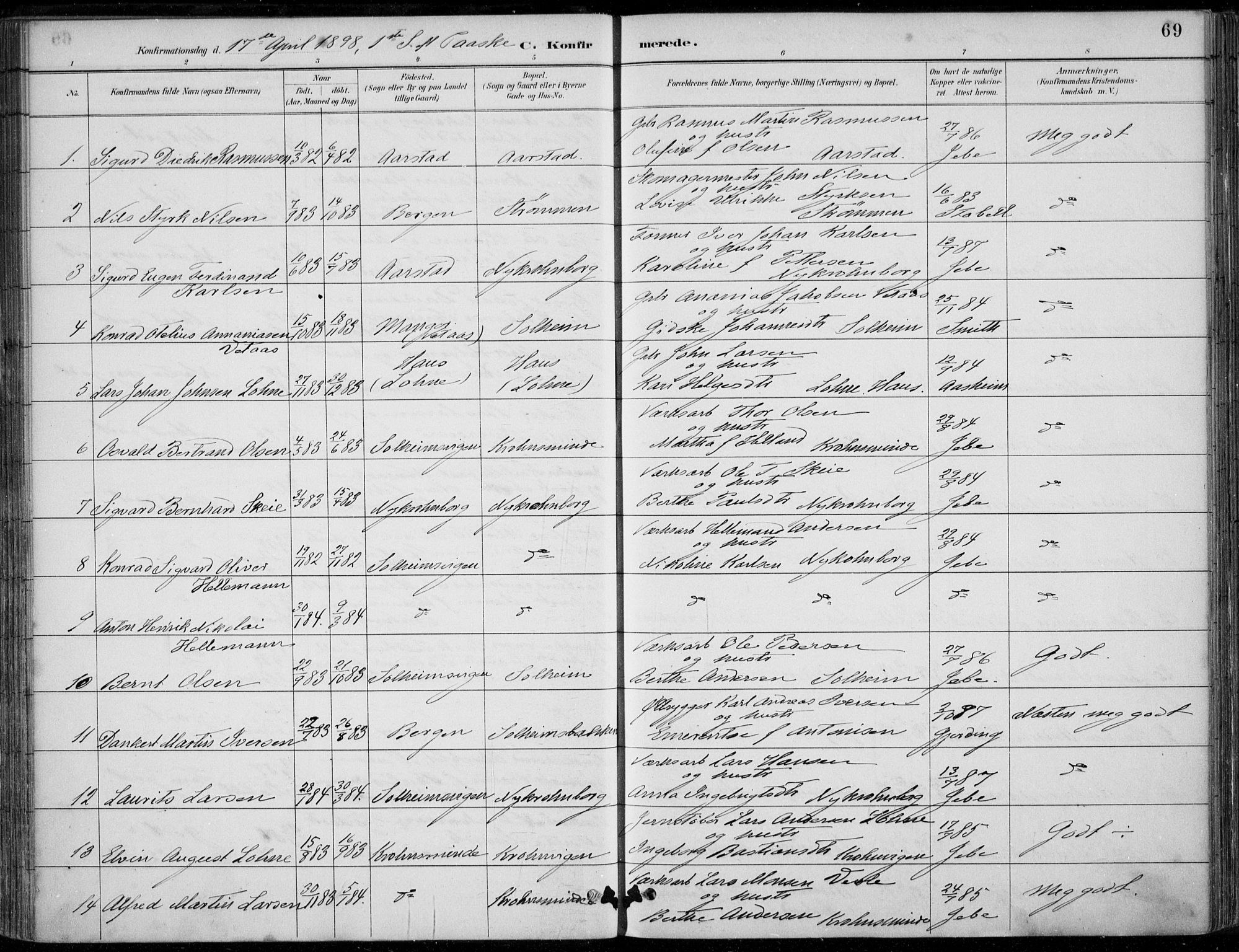 Årstad Sokneprestembete, AV/SAB-A-79301/H/Haa/L0006: Parish register (official) no. B 1, 1886-1901, p. 69